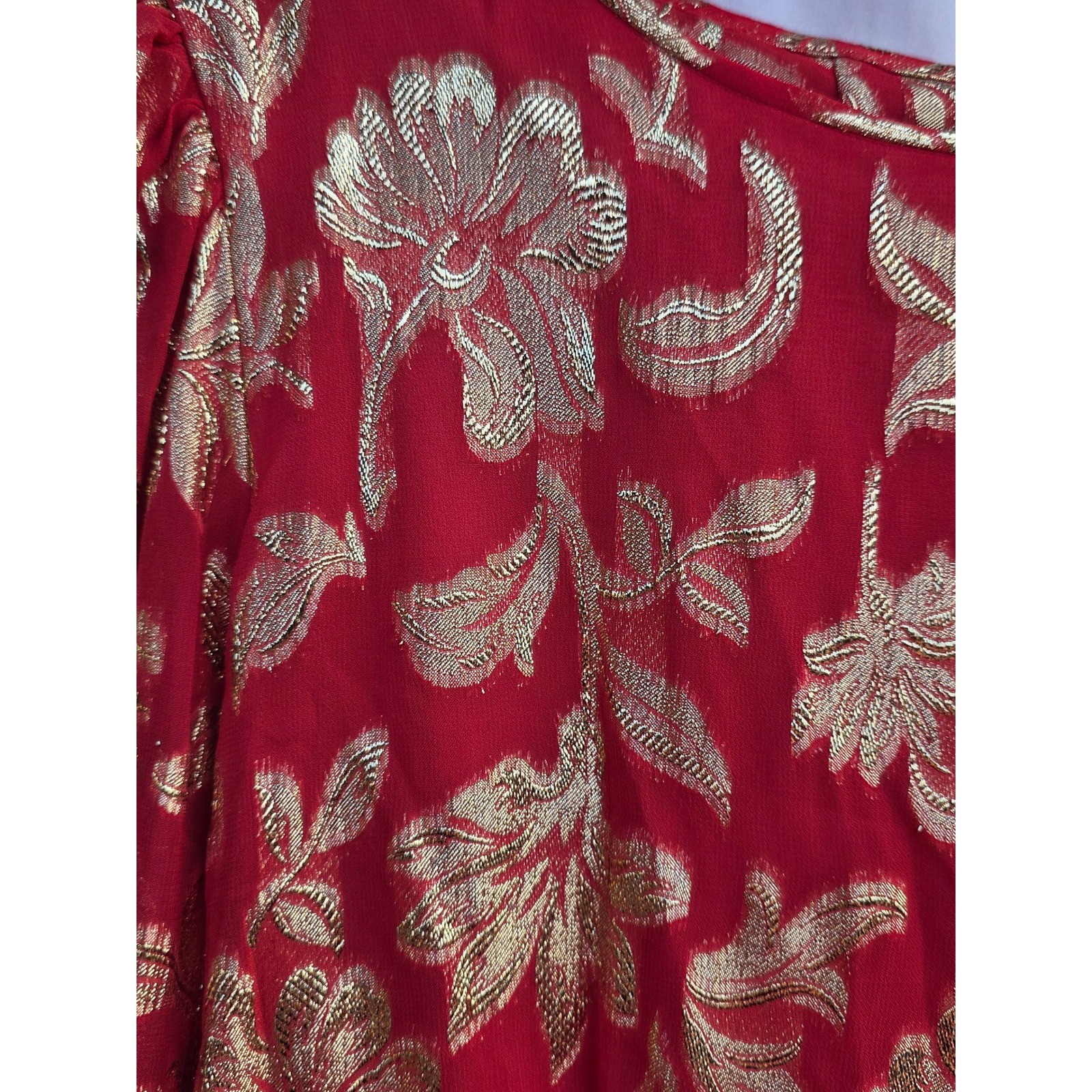 Vintage Raul Blanco Red Gold Metallic Floral Pleated Maxi Dress Evening Gown 12