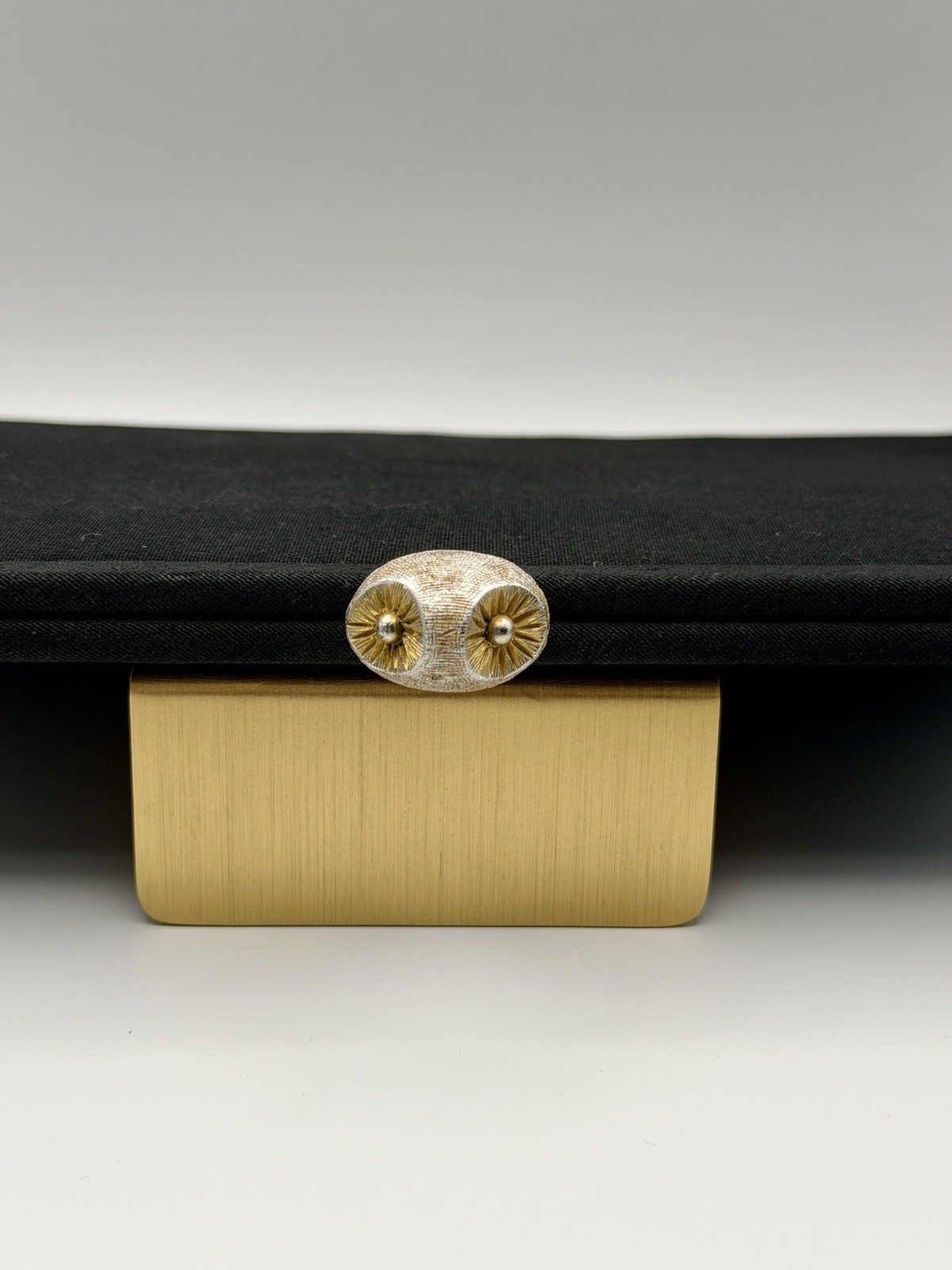 Vintage MCM Black Fabric Clutch Purse Evening Bag Gold Chain Owl Clasp Starburst