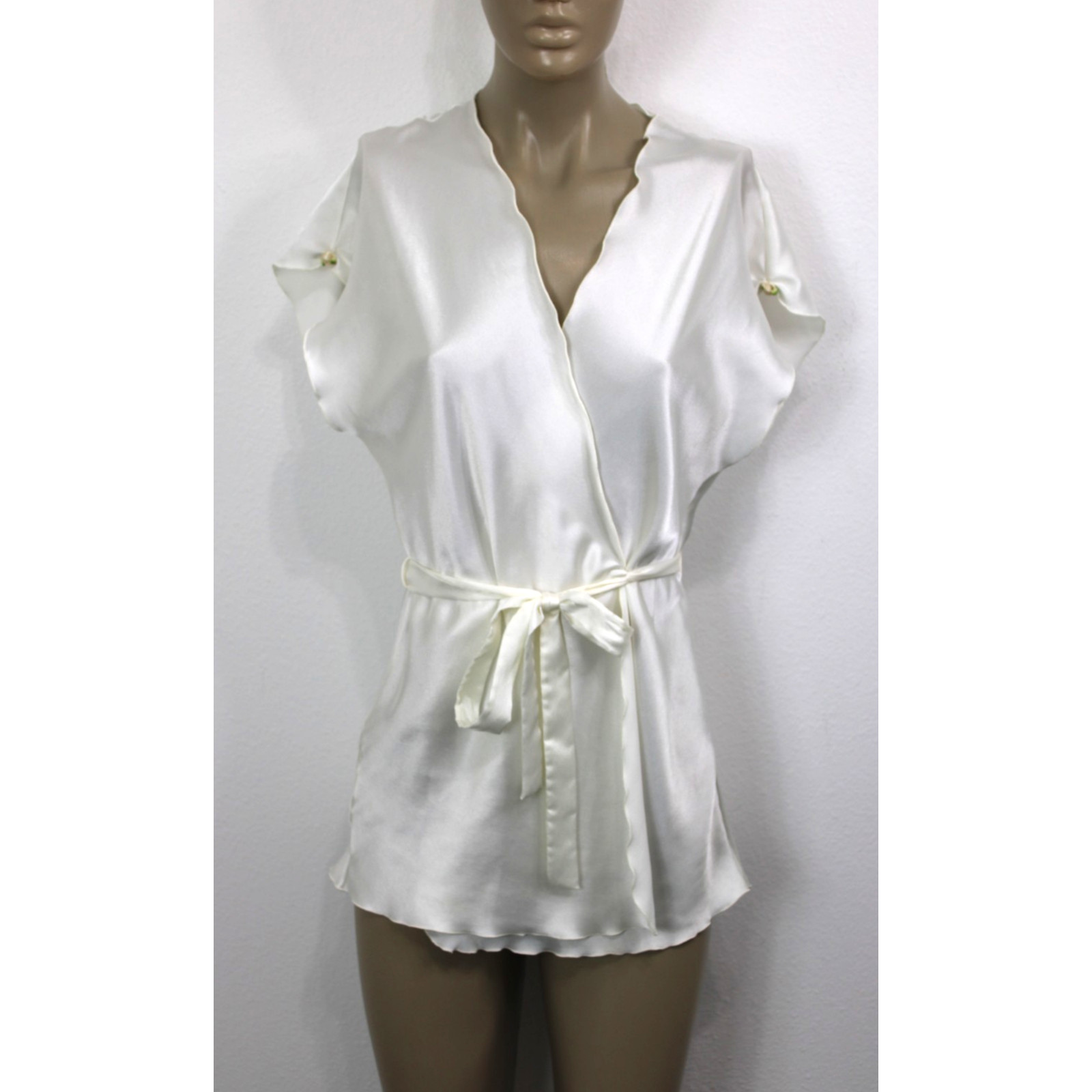 Vintage Sasson 70s Silky Satin Robe Dress Ivory Tie Waist Disco Glam Boudoir S