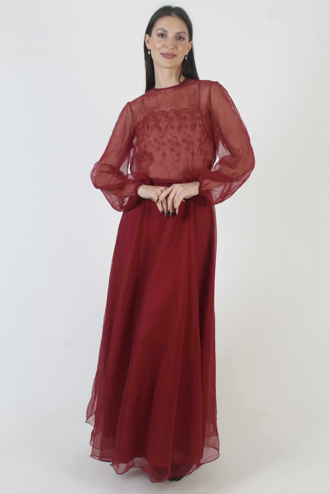 Vtg Bugundy Miss Elliette Chiffon Dress Belted Embroidered Sheer Cocktail Gown