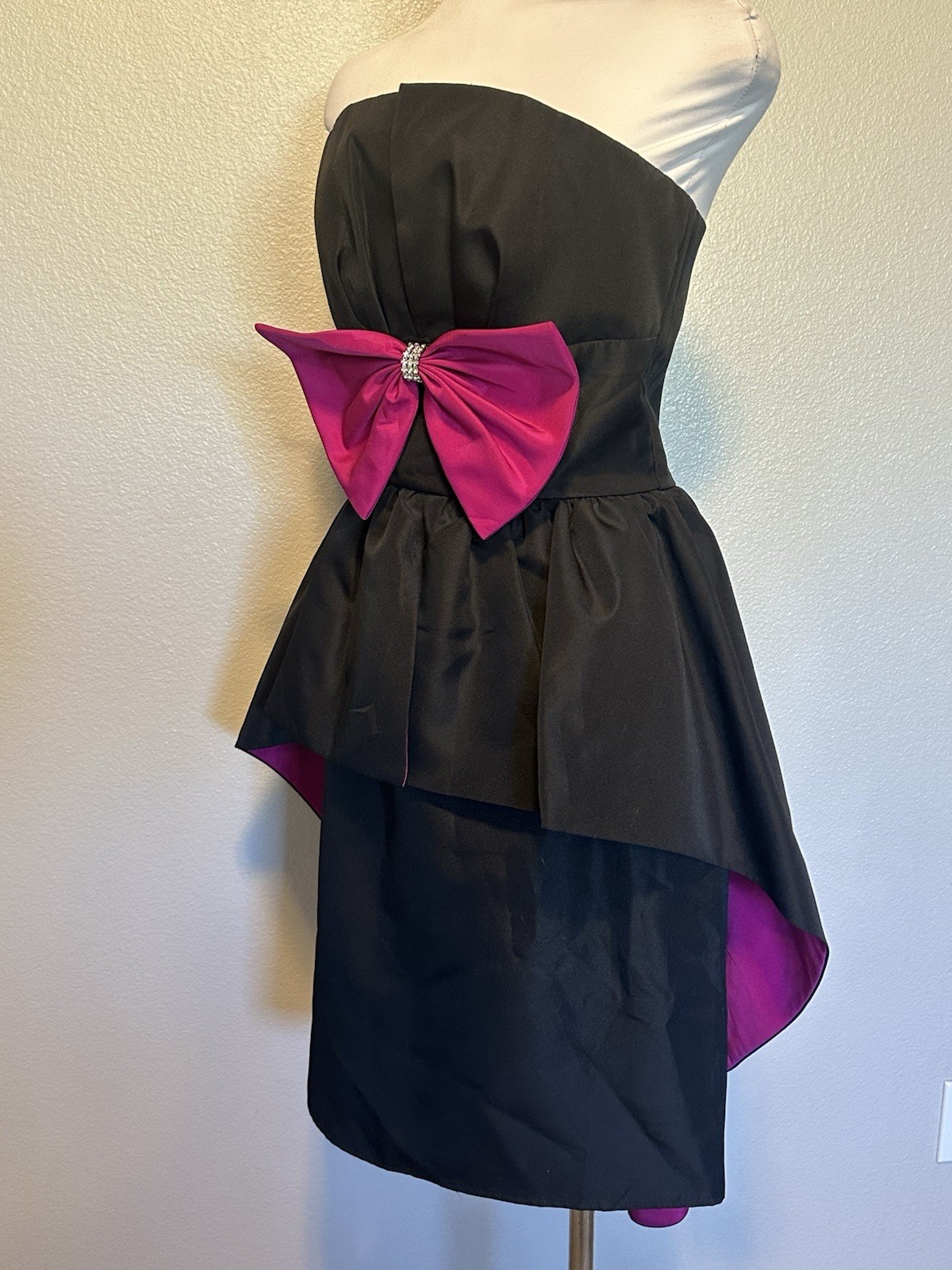 80’s Vintage Huey Waltzer Darcy Dress Party Cocktail Bow Strapless Glam Sz S/M