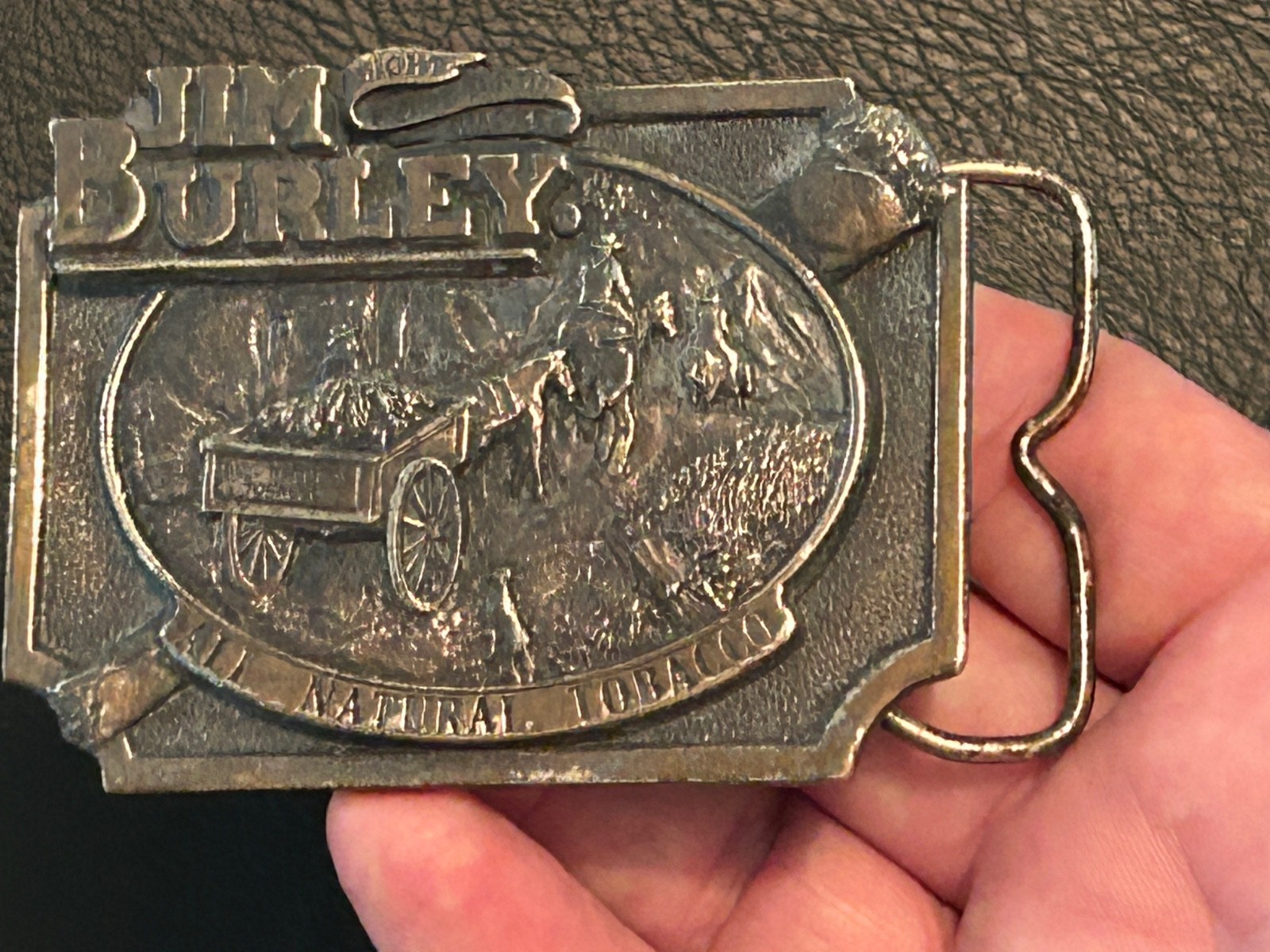 Vintage Jim Burley All Natural Tobacco belt buckle, 1980s, brass