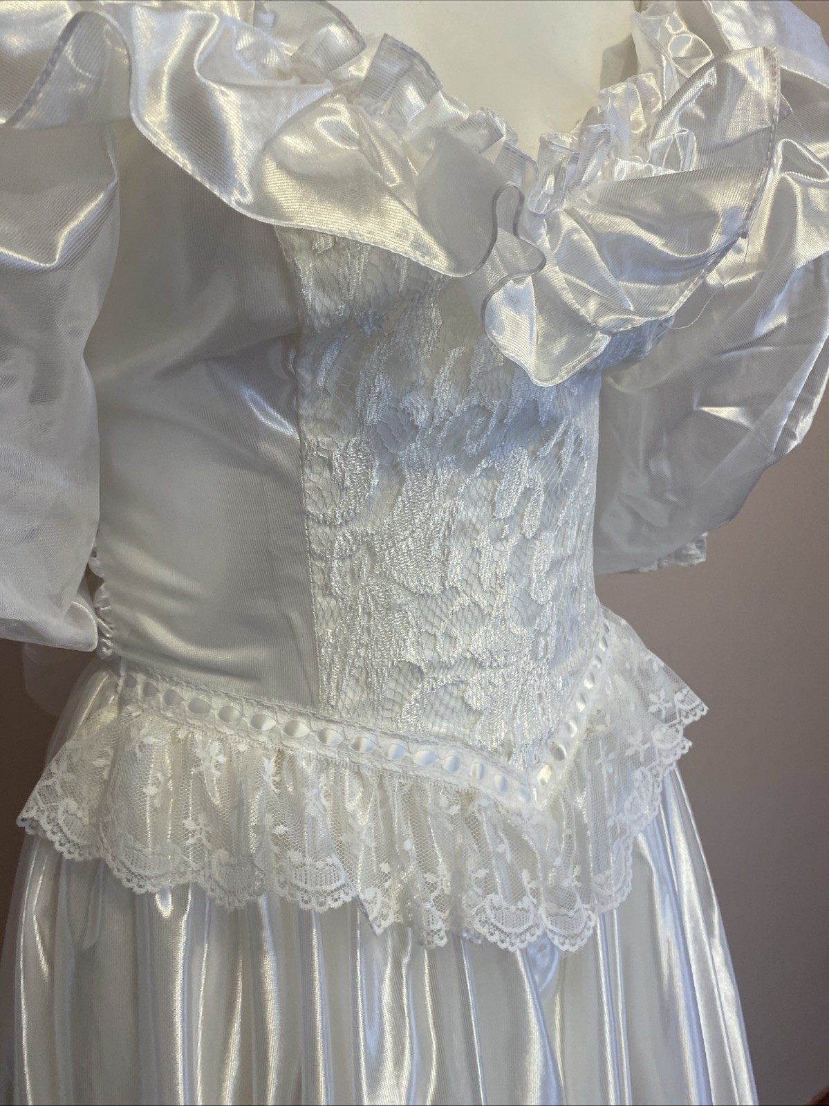 VTG Zum Zum 80s White puff Slv V Waist Ruffle Lace Bow Wedding Dress Gown XS/S 5