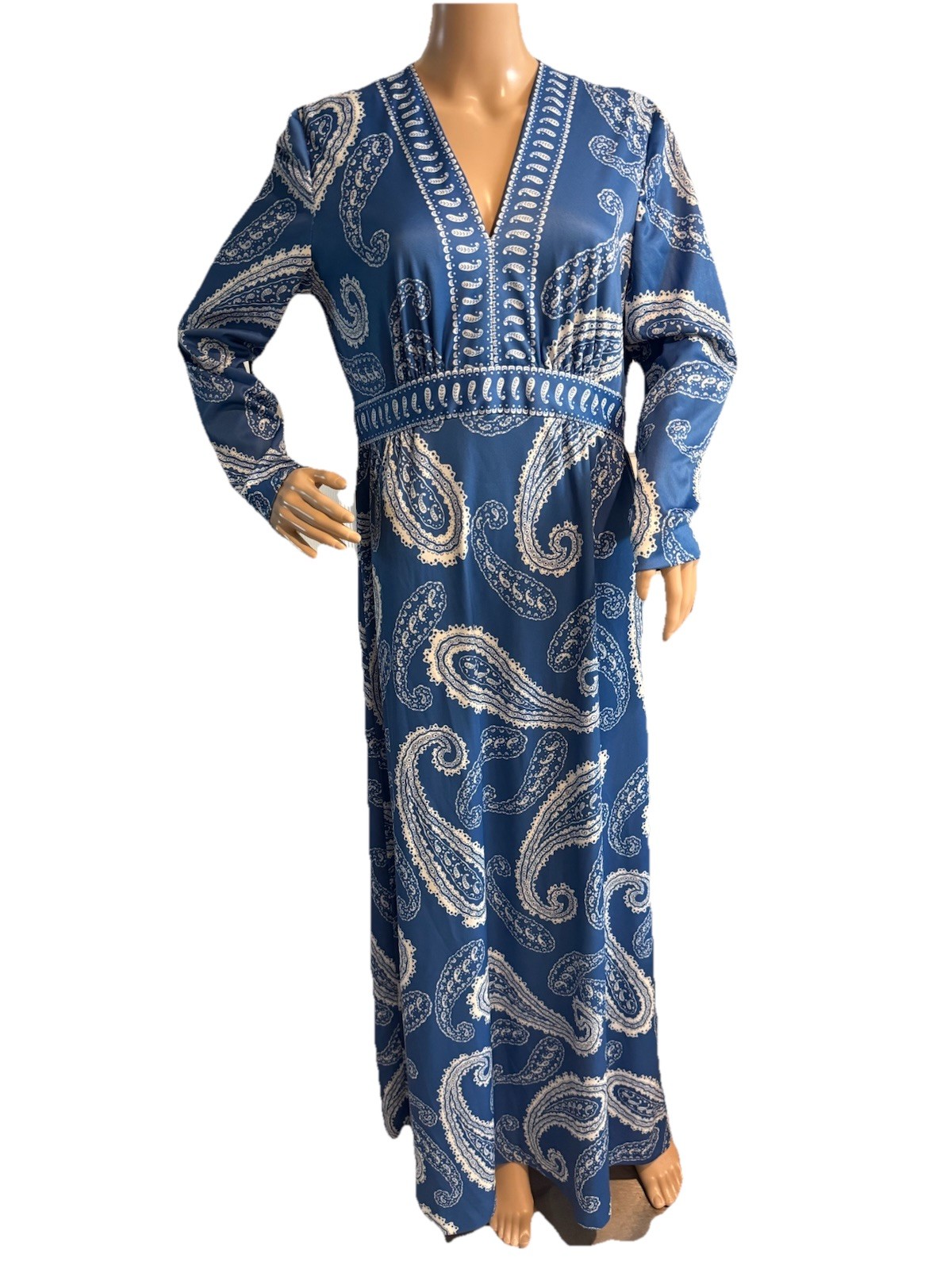 Vintage 70s Hal Ferman Maxi Dress M Blue Paisley Hostess Hippie Union Label