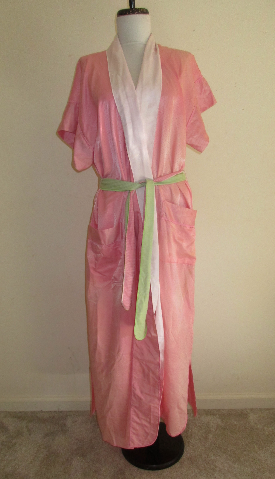 Vintage 80’s Fernando Sanchez Pink White Long Cotton Nylon Belted Robe USA M/L