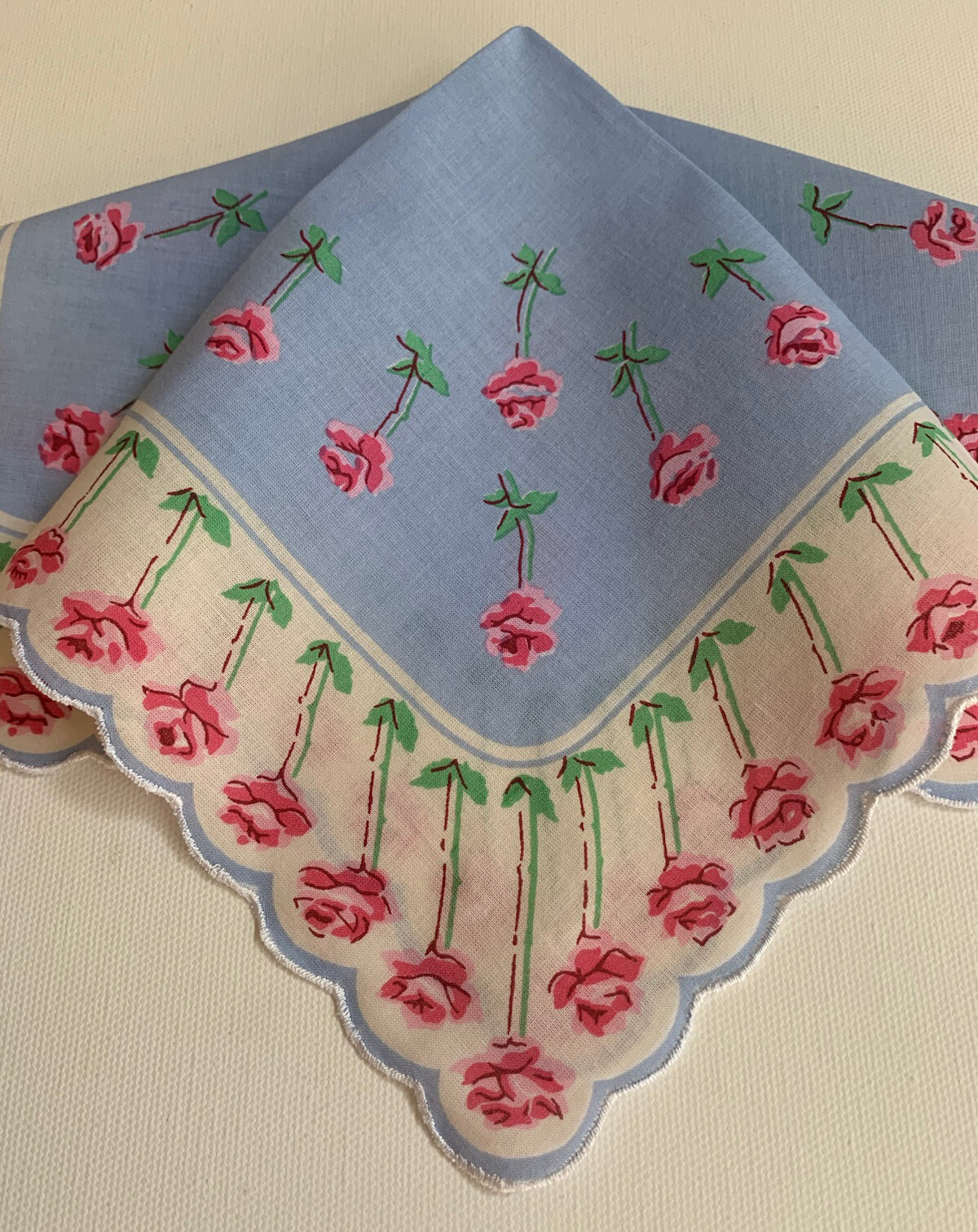 Lovely New LuRay Handkerchief Hankie! Blue Scalloped Hem Long Stem RosesDesign !