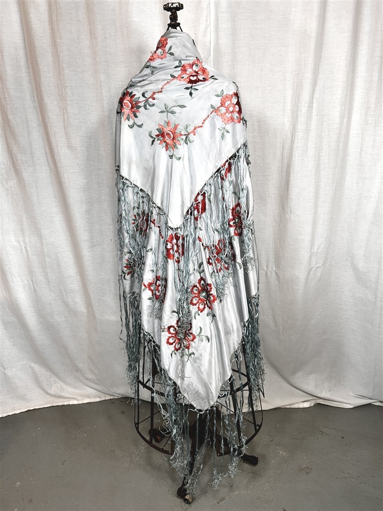 antique shawl throw silk blue embroidered 50×50 in. fringe 16 in original 1890