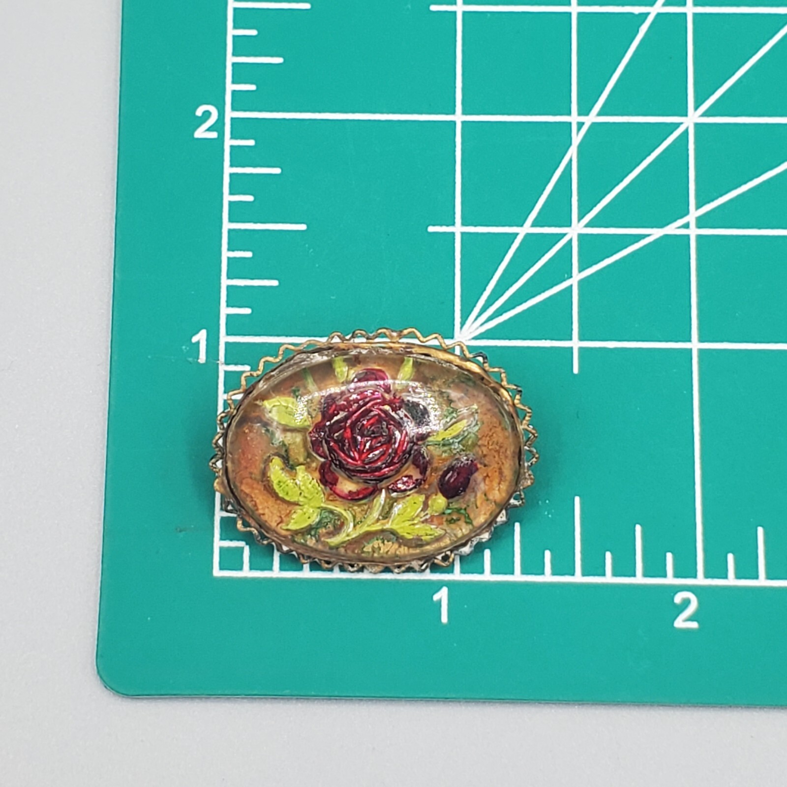 Vintage Czech Glass Belt Sash Buckle Reverse Painted Rose Goofus One Piece