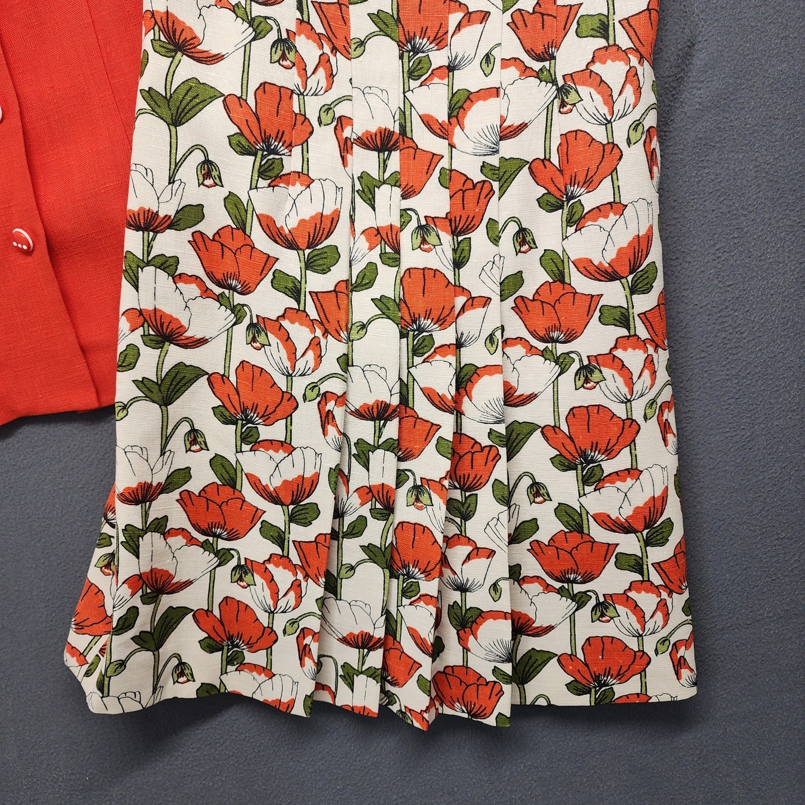 Vtg 60s Handmade Womens 2 Piece Dress Top Set Orange Floral Mod Pleat Belt Twee