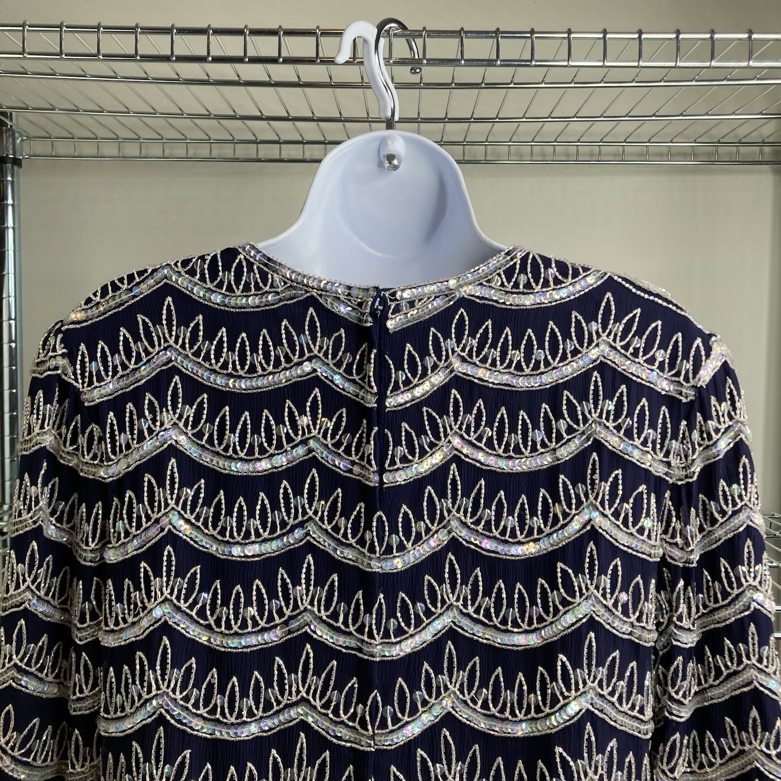 VTG 80s Frank Usher Navy 100% Silk Beaded Top Sz S Silver Sequin Evening Blouse