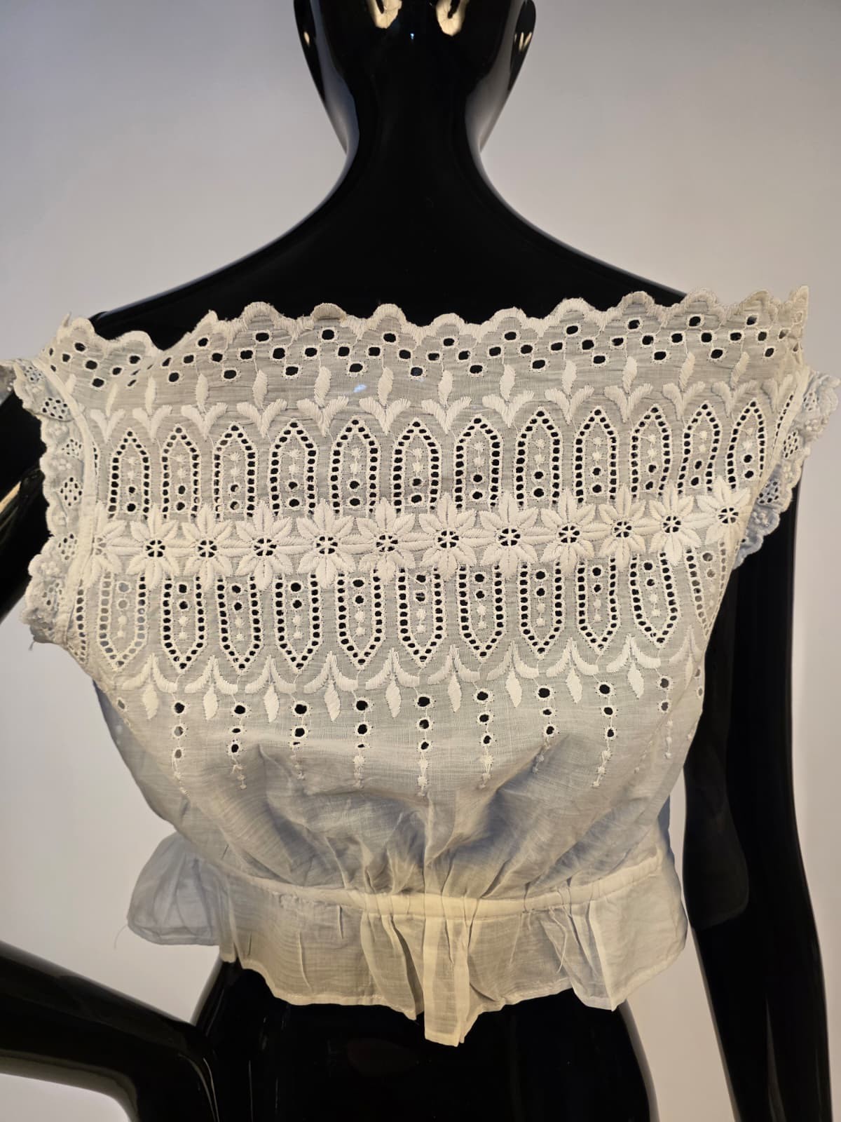 VICTORIAN 19TH C WHITE EYELET CAMISOLE TOP W BUTTON FRONT – OLD STOCK