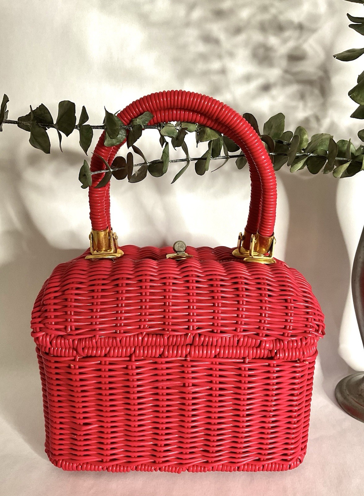 1960s Red Coated Wicker Box Purse, Vtg 60s Handbags, Mid Century MCM Rockabilly