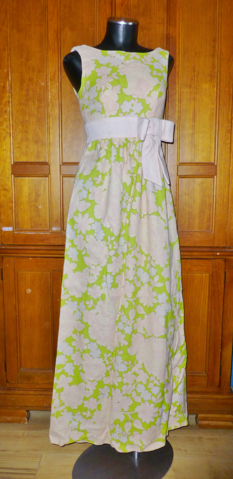 VTG 60s MONTALDO’S Woven Floral Print Bow Wedding Party Maxi DRESS UNWORN