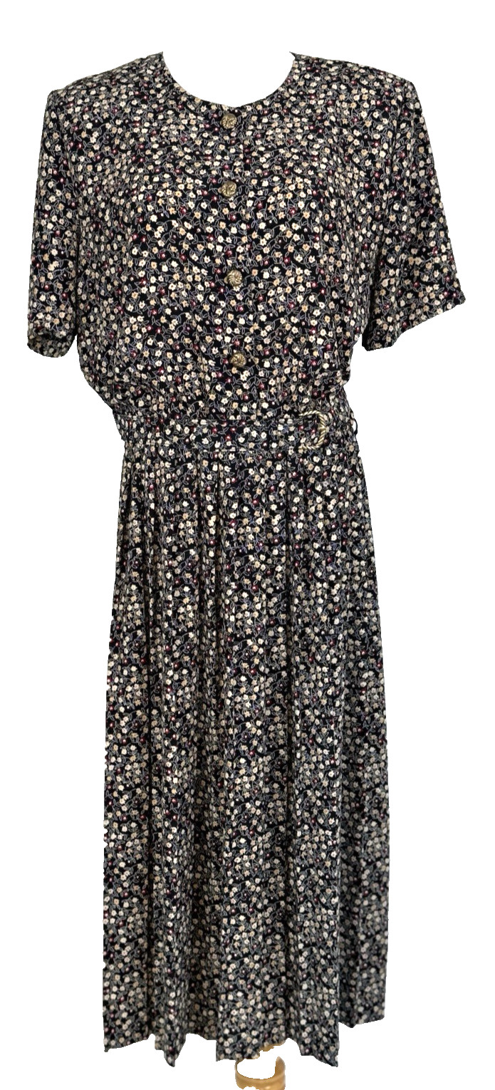 Leslie Fay Womans Size 14 Dress Floral Black Vintage Belted Midi Modest Classic