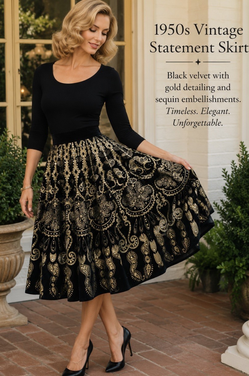 ✨ STUNNING 1950s VINTAGE BLACK FULL CIRCLE EMBELLISHED SKIRT ✨