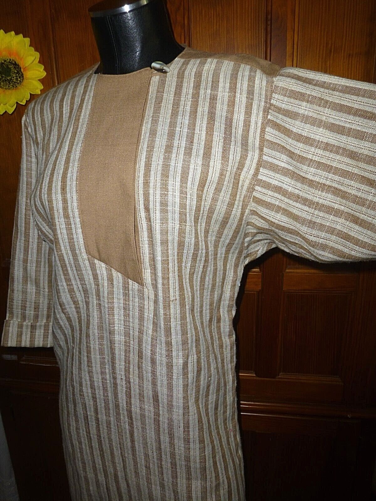 New VTG 1970s 70s Stripe Woven Shift Cocktail Secretary Modest Midi Dress