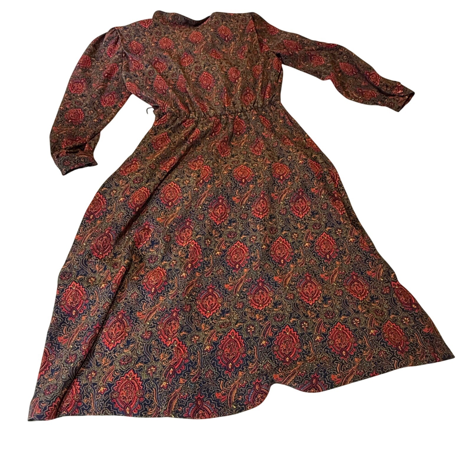 Vintage 70s Paisley Midi Dress Size 16 Made in Canada Boho Long Sleeve