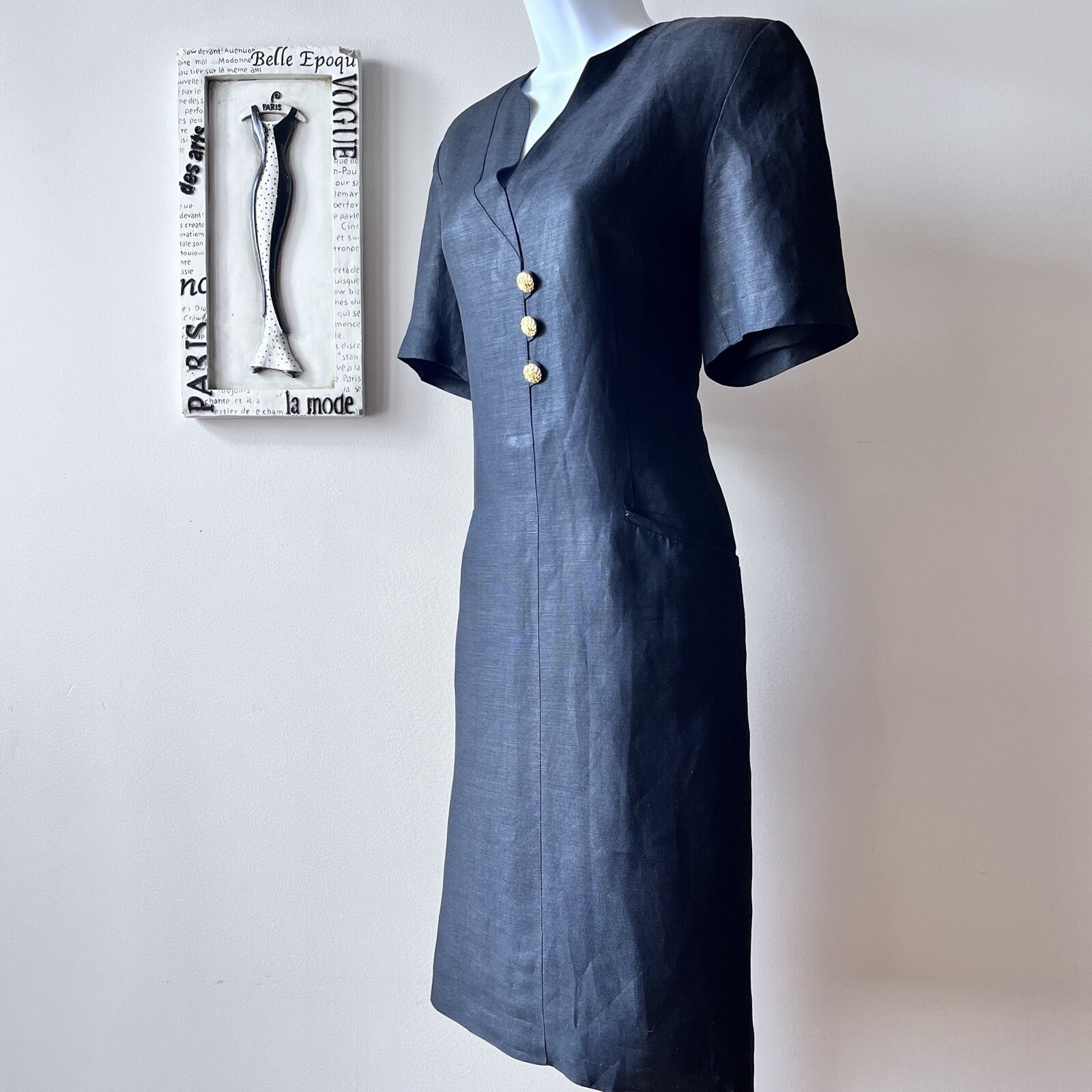 Vintage 80s Harvé Benard Short Sleeve Black Sheath Chic Dress Size S