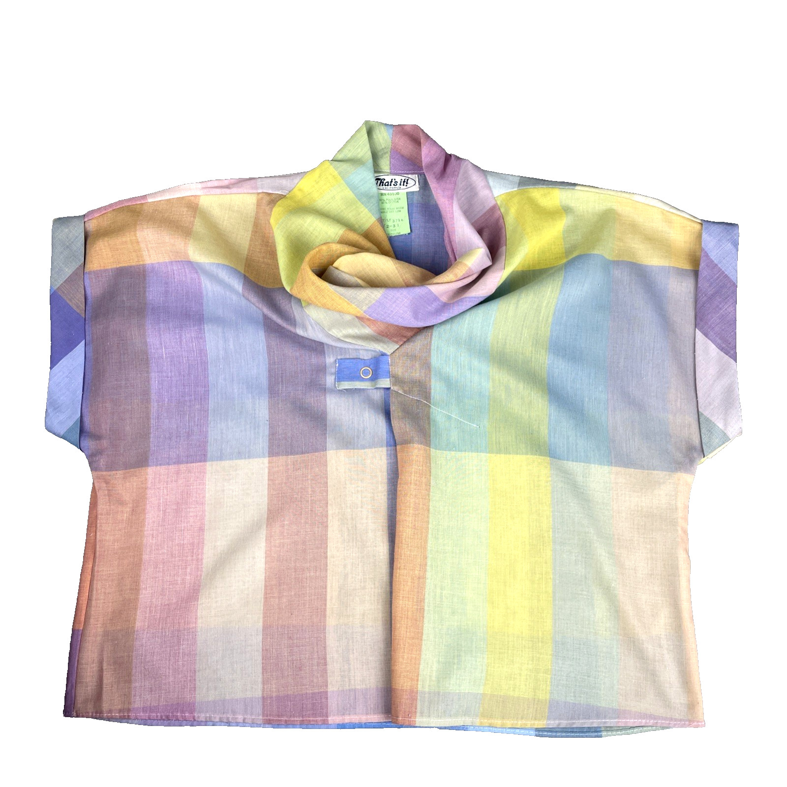 VTG 80s Thats It Pastel Rainbow Plaid Blouse Cowl Neck Boxy Top Medium Fairy Kei