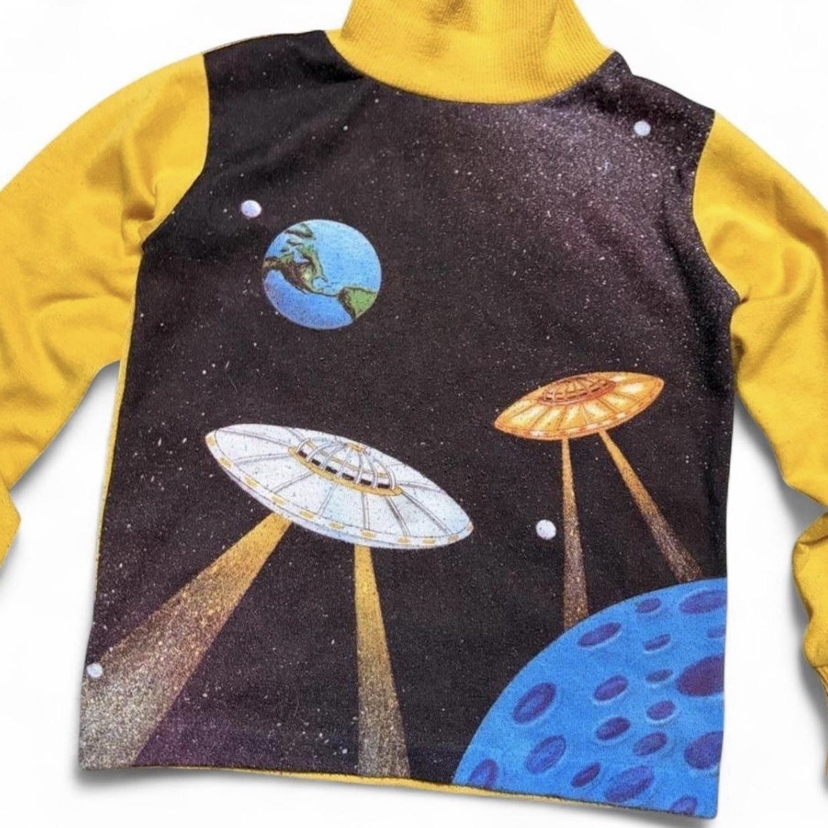 RARE VTG 70s HealthTex UFO Space Ship Yellow LS Mock Neck Shirt Boys 8 USA Made