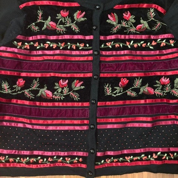 black and pink velvet floral knit cardigan with ribbon and floral embroidery
