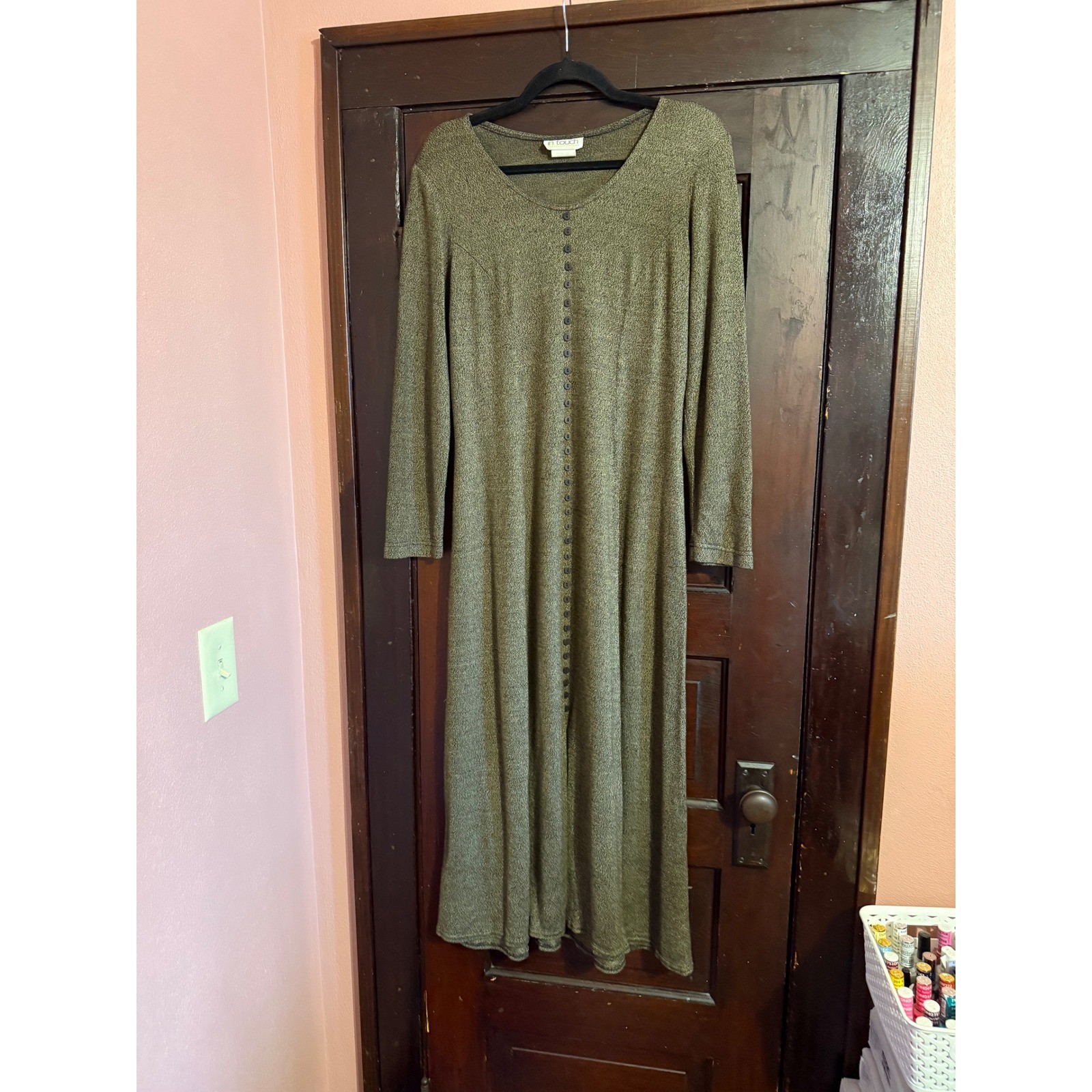 Vintage In Touch Grey Marled Knit Button Front Maxi Dress Womens Shoulder Pads