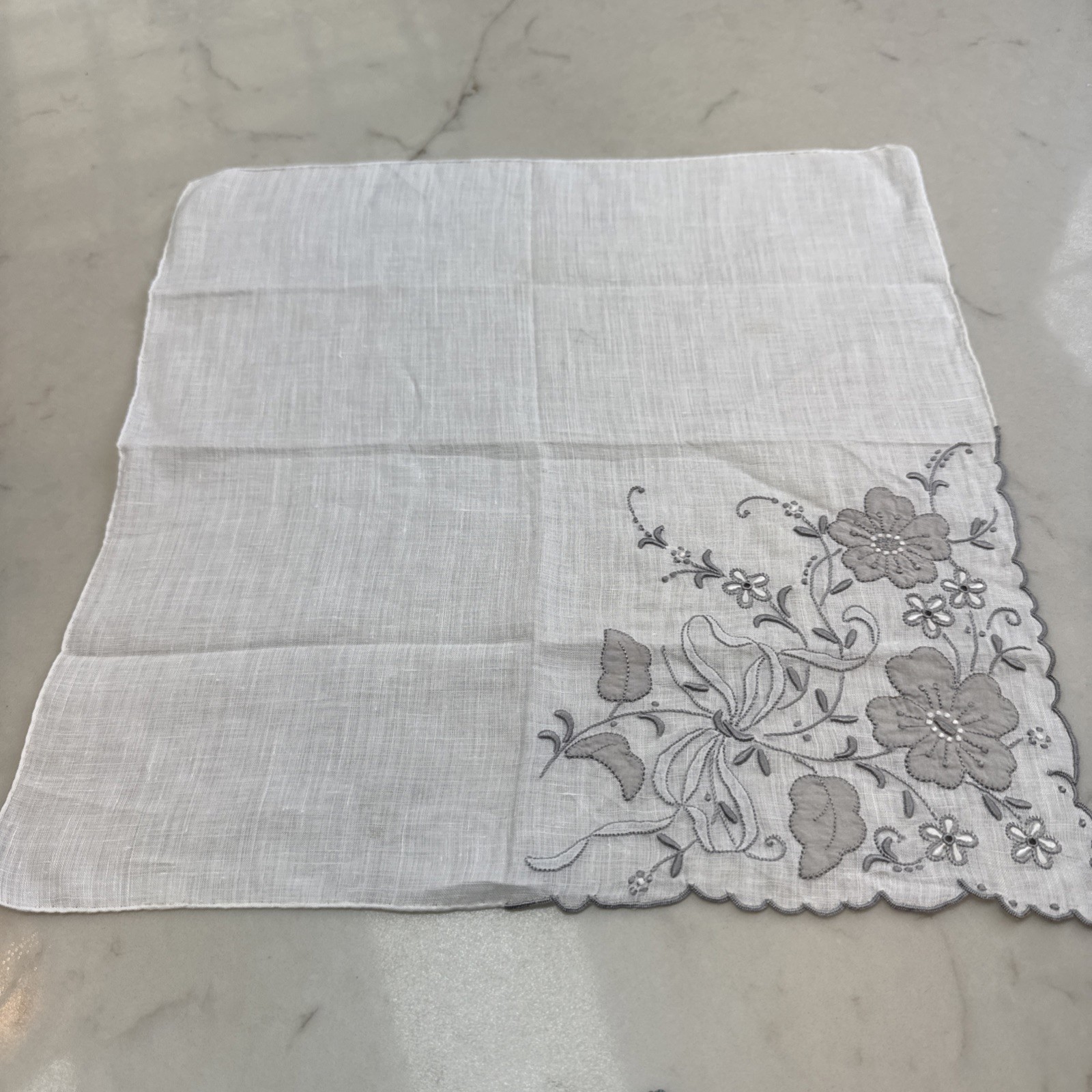 Vintage Gray Appliqué Embroidery Ribbon And Floral On Handkerchief 12” Square