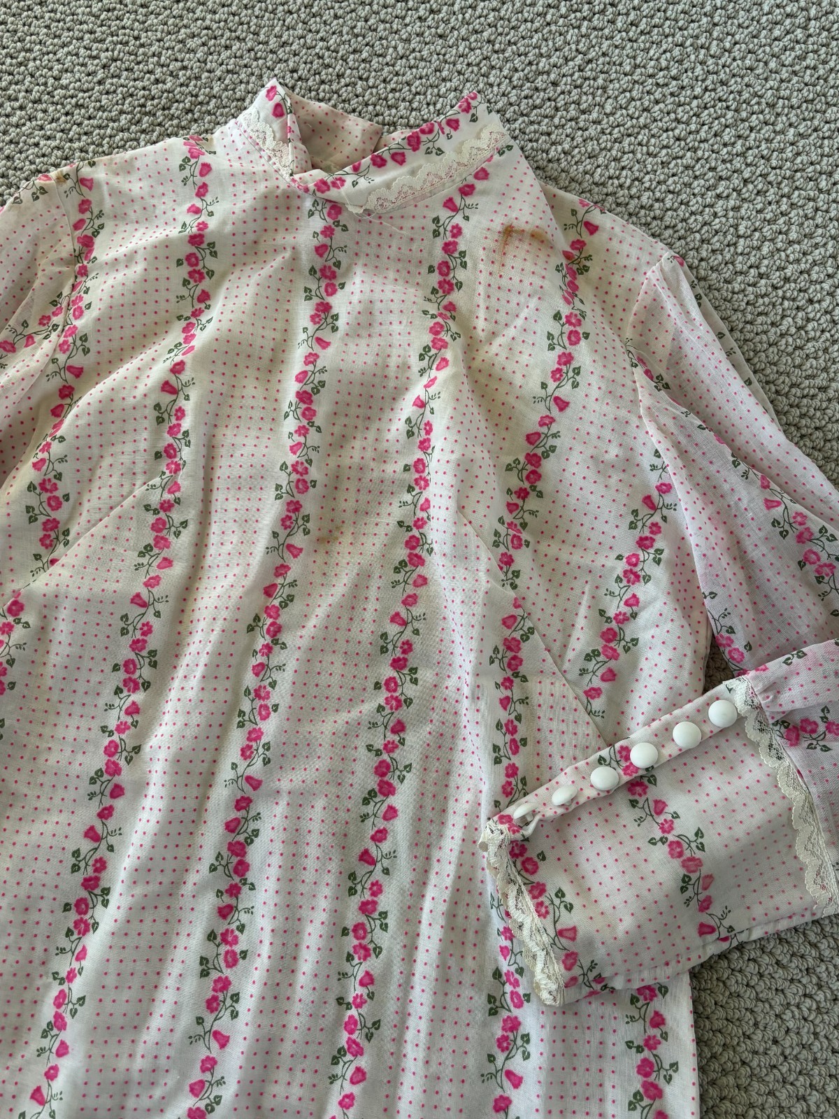 Vintage 60s Pink Velour Floral Mock Neck Prairie Shift Mod Dress M/L – DAMAGED