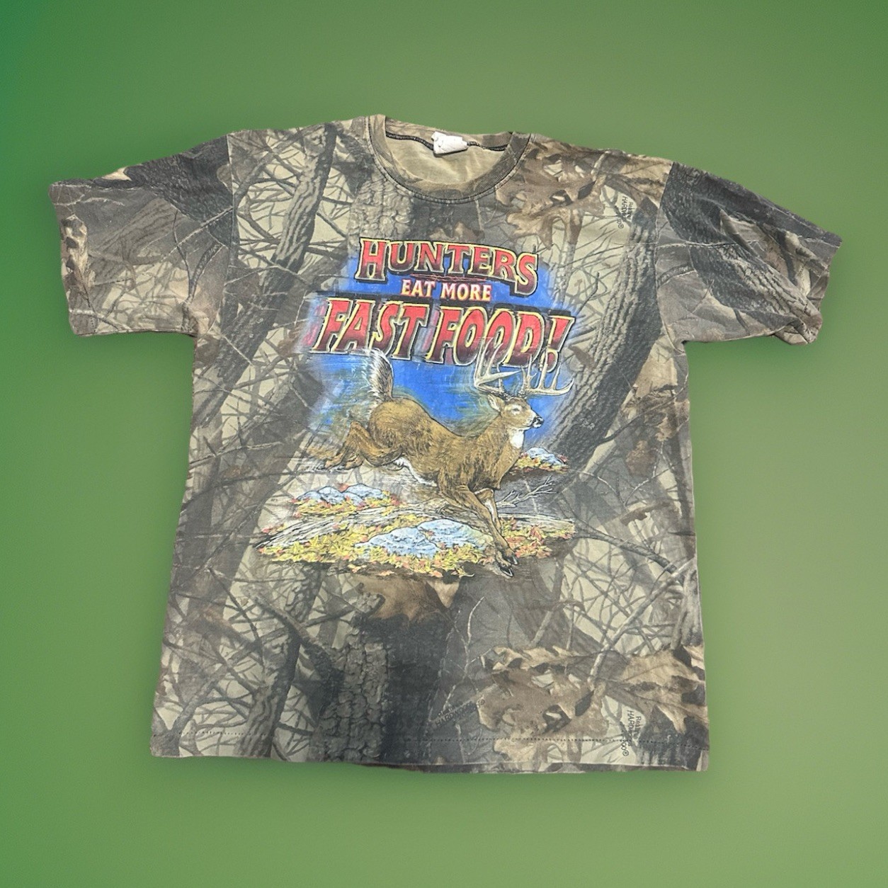 Vtg Men’s Lg Buck Wear Hunters Eat More Fast Food Camo Shirt Single Stitch Read