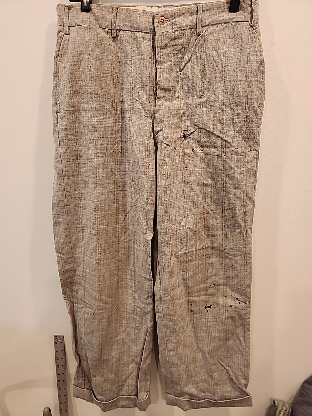 vintage gray/blue plaid 40’s 50’s pants lightweight 30 1/2″ w 28″L damaged