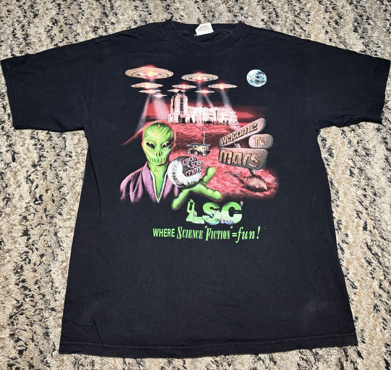 Vintage 90s Alien Space Tee Shirt Liberty Science Center UFO Mars Scary Spooky L