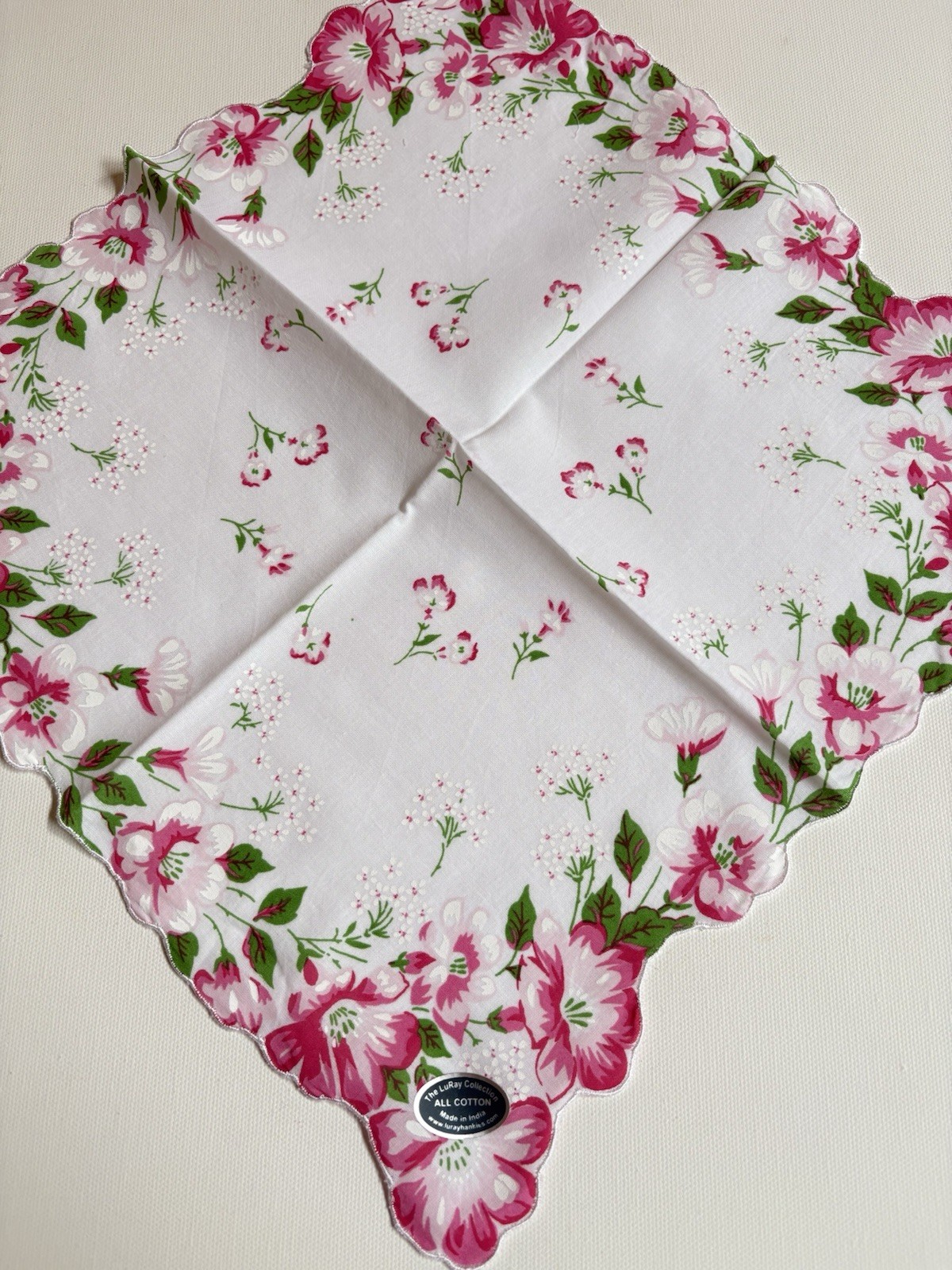 Beautiful New LuRay Pink Azalea Handkerchief Hankie With Scalloped Border