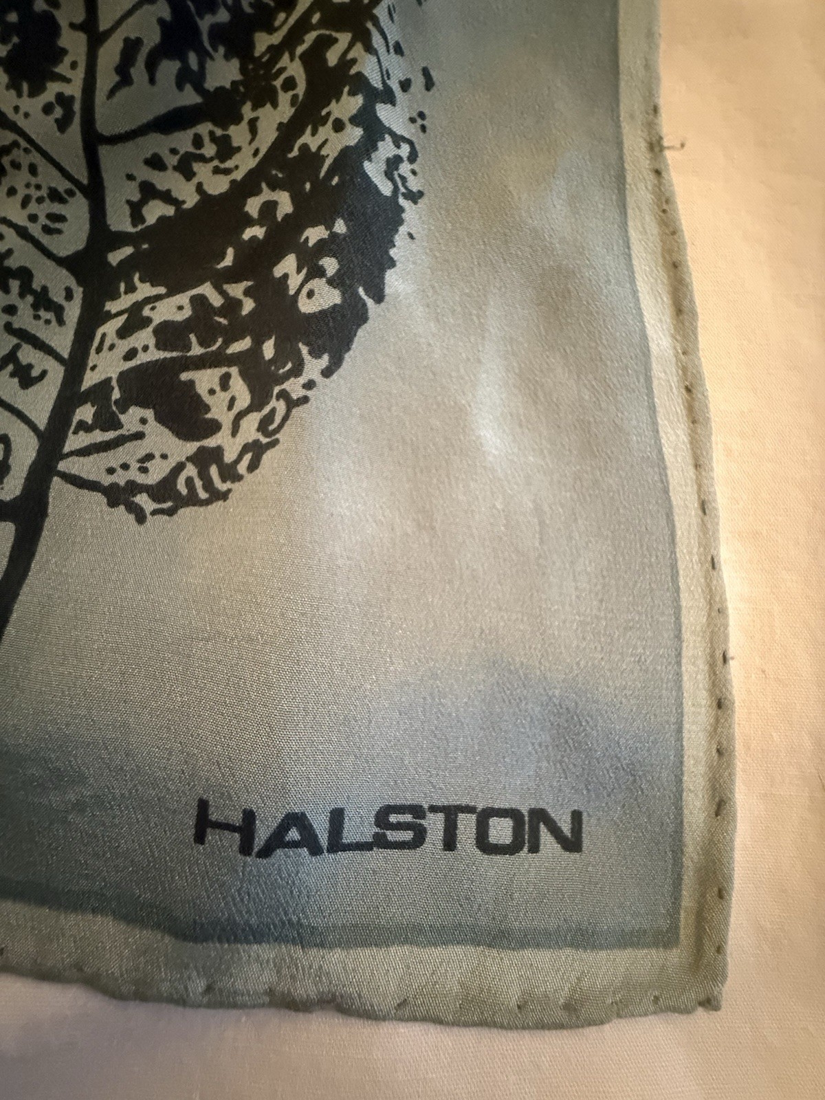 Vintage Halston Silk Leaf-Print Oblong Scarf – Blue/Brown Botanical – 1970s