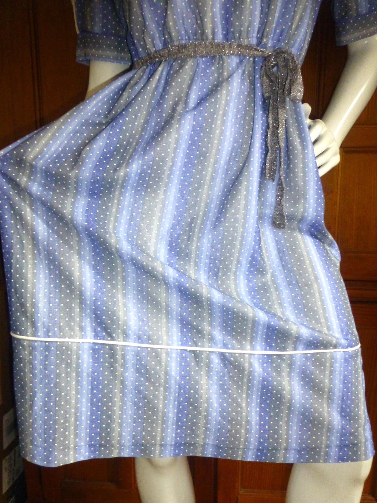 VTG 70s Polka Dot Stripes semi sheer Puff slv Cocktail Secretary Midi Dress L XL