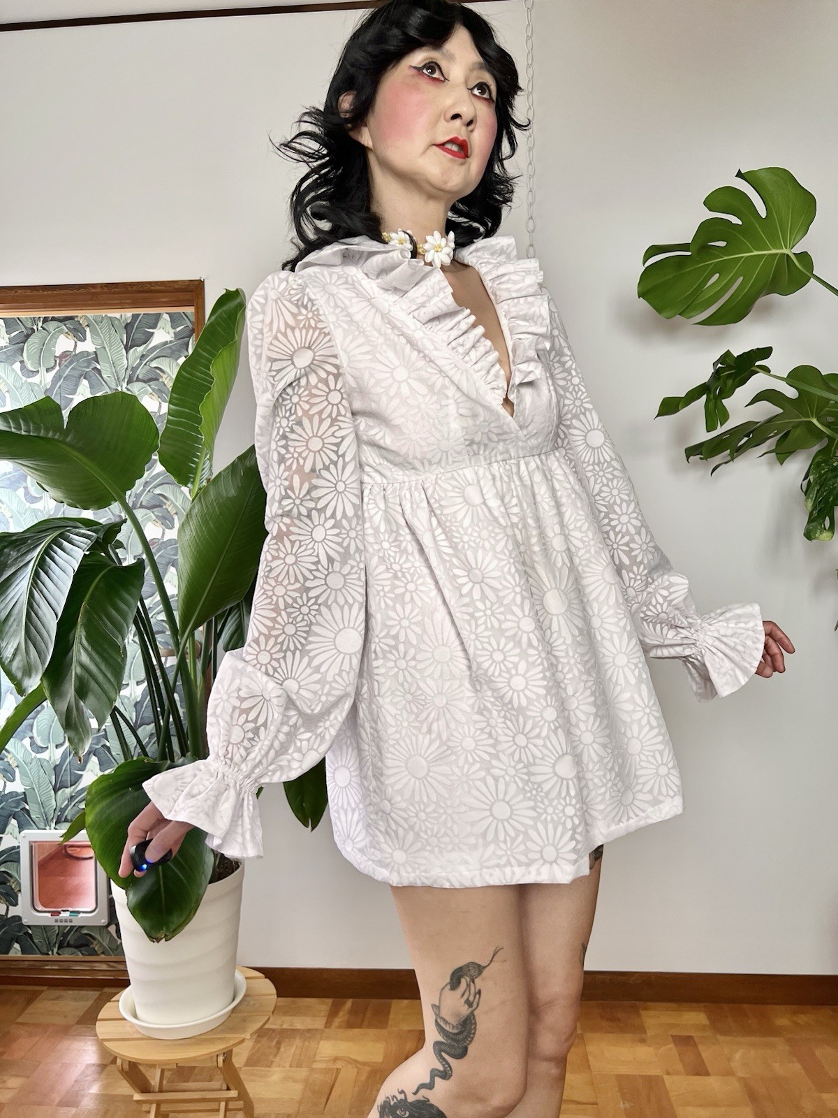 60s Mod Flocked Daisy Mesh Babydoll Mini Dress Sheer Balloon Sleeve Wedding XS/S