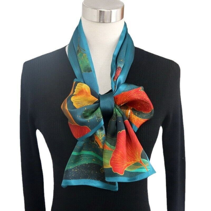 100% Mulberry Silk Shawl Leaves Print Double Layer Neck Oblong Scarf Turquoise