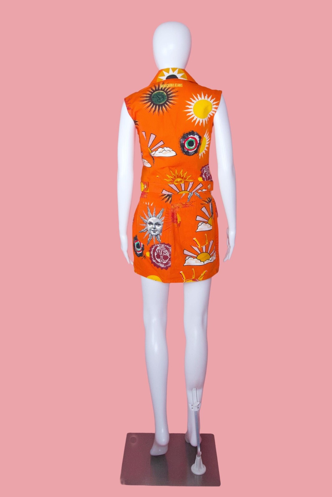 1990s MOSCHINO JEANS Orange Sun Print Cotton Vest & Skirt Set (XS)