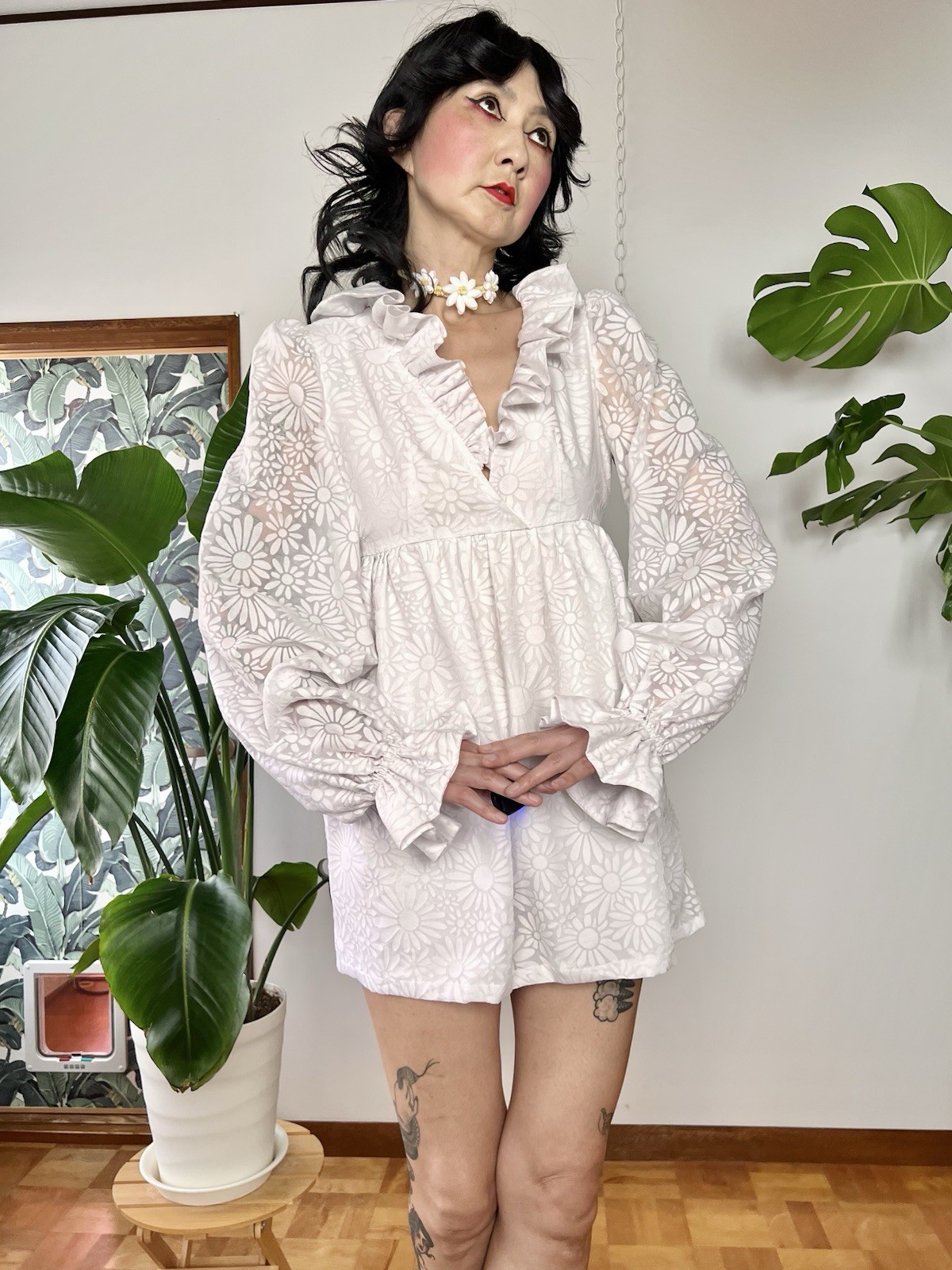 60s Mod Flocked Daisy Mesh Babydoll Mini Dress Sheer Balloon Sleeve Wedding XS/S