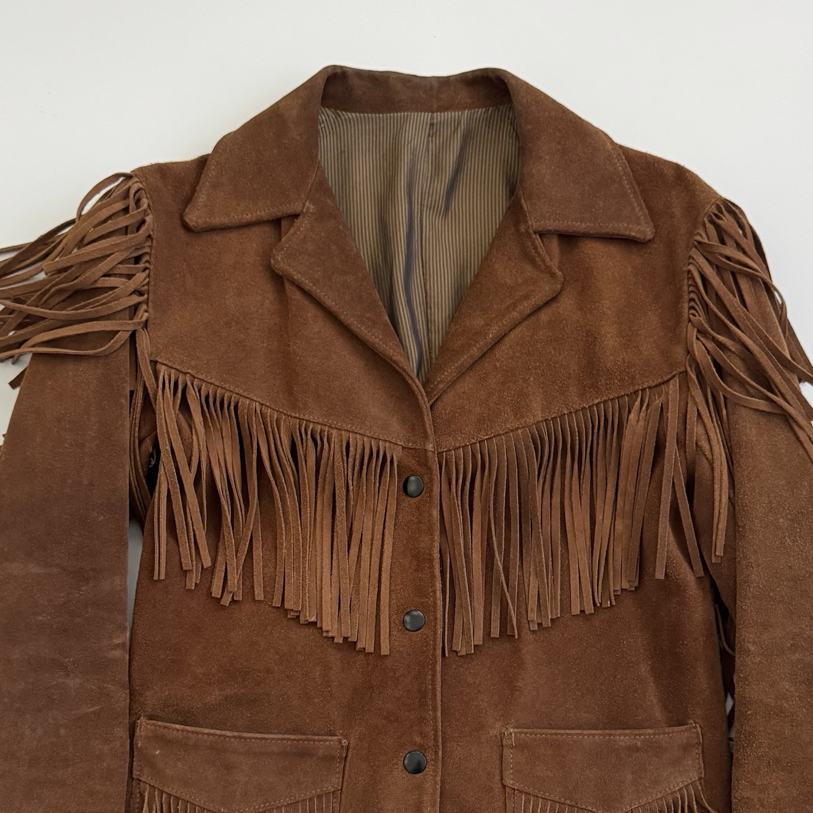 VTG 70s Jo-Kay Suede Leather Jacket Brown Western Fringe – Women’s S? 23x 17.5