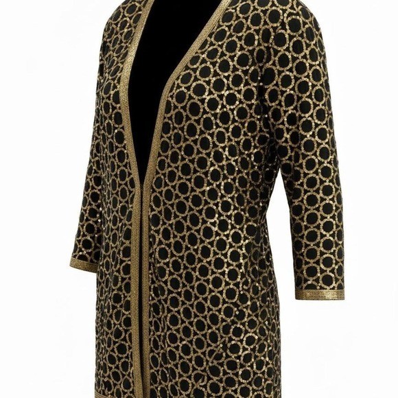 Vintage Sequin 100% Silk Black & Gold Duster Jacket Made in India P2P 24″