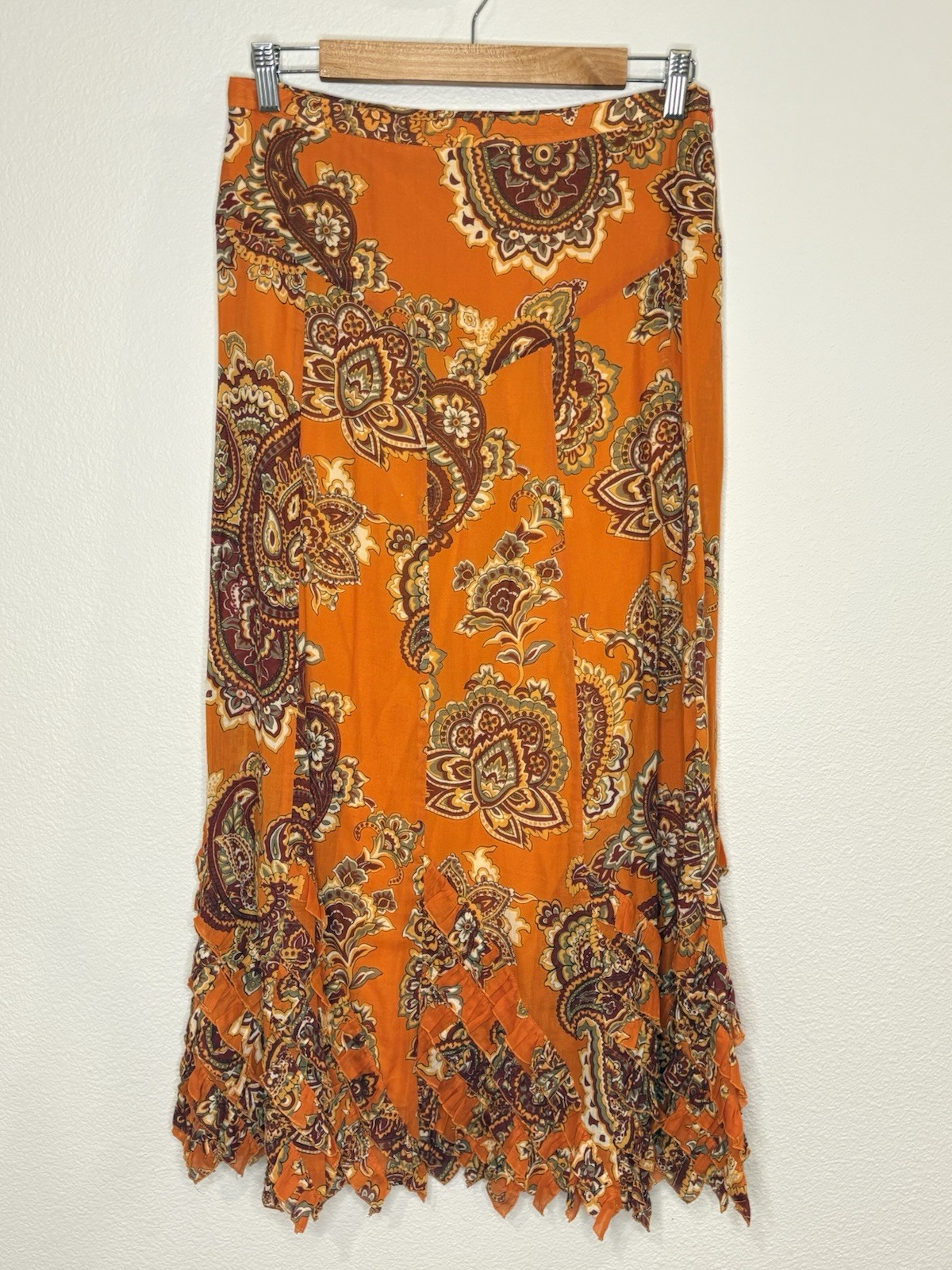 VTG 90s Moschino Cheap and Chic Orange Paisley Ruffled Maxi Skirt Italy 8 29″
