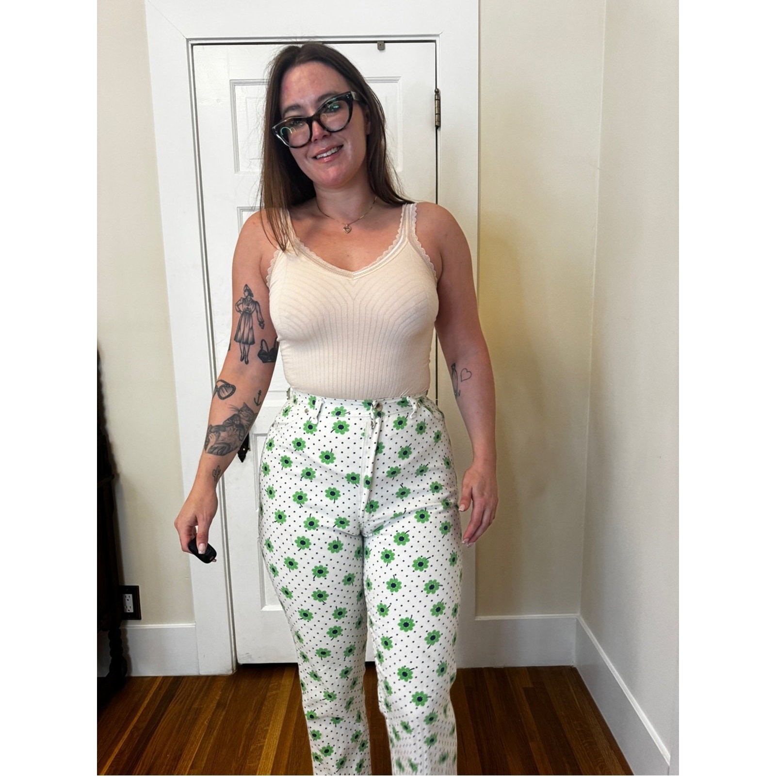 60s Vintage Wrangler White Denim w Green Daisy + Polka Dots Sz M