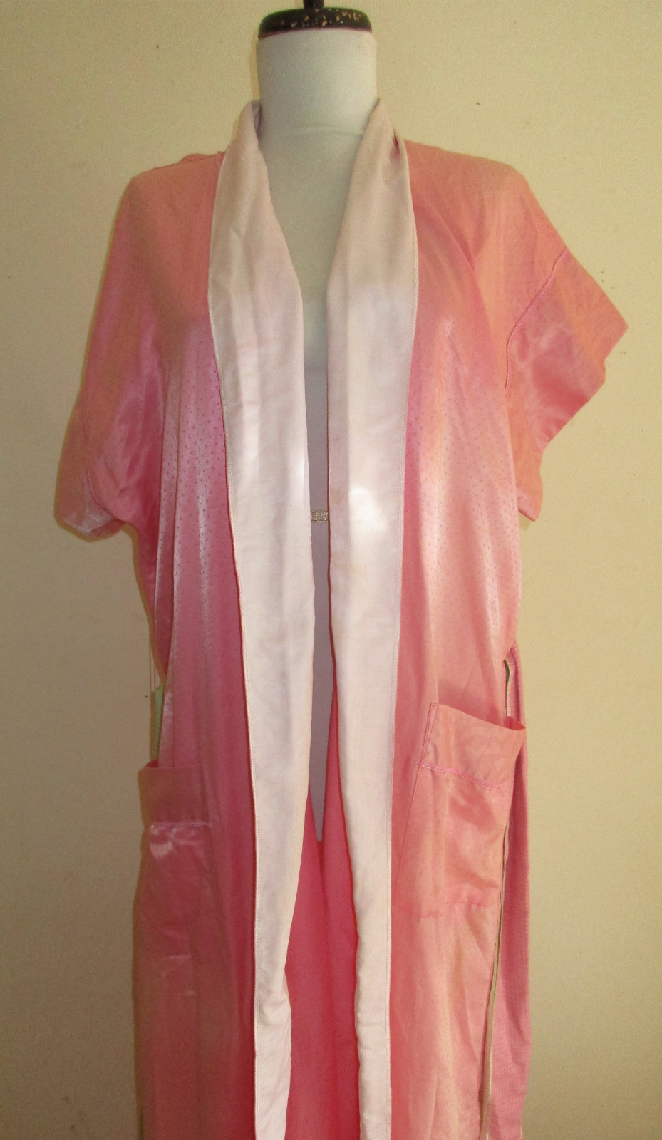 Vintage 80’s Fernando Sanchez Pink White Long Cotton Nylon Belted Robe USA M/L