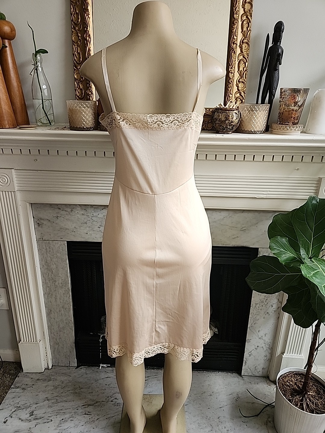 Vintage 1960s Vassarette Lace Nylon Slip 34F USA Made Nude Beige Satin Boudoir