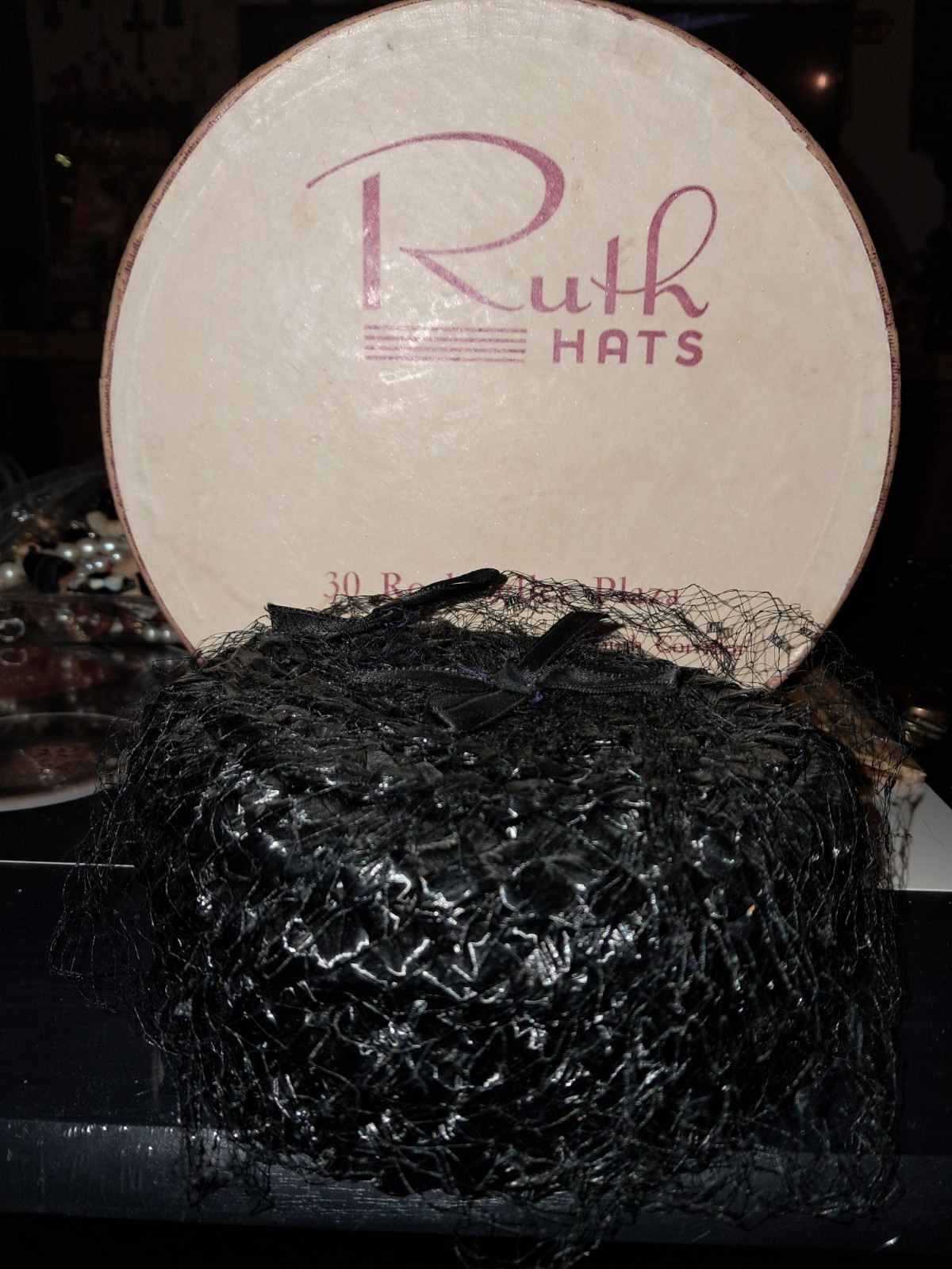Vintage Black Straw Pill Box Hat with Original Hat Box 1950s Nice