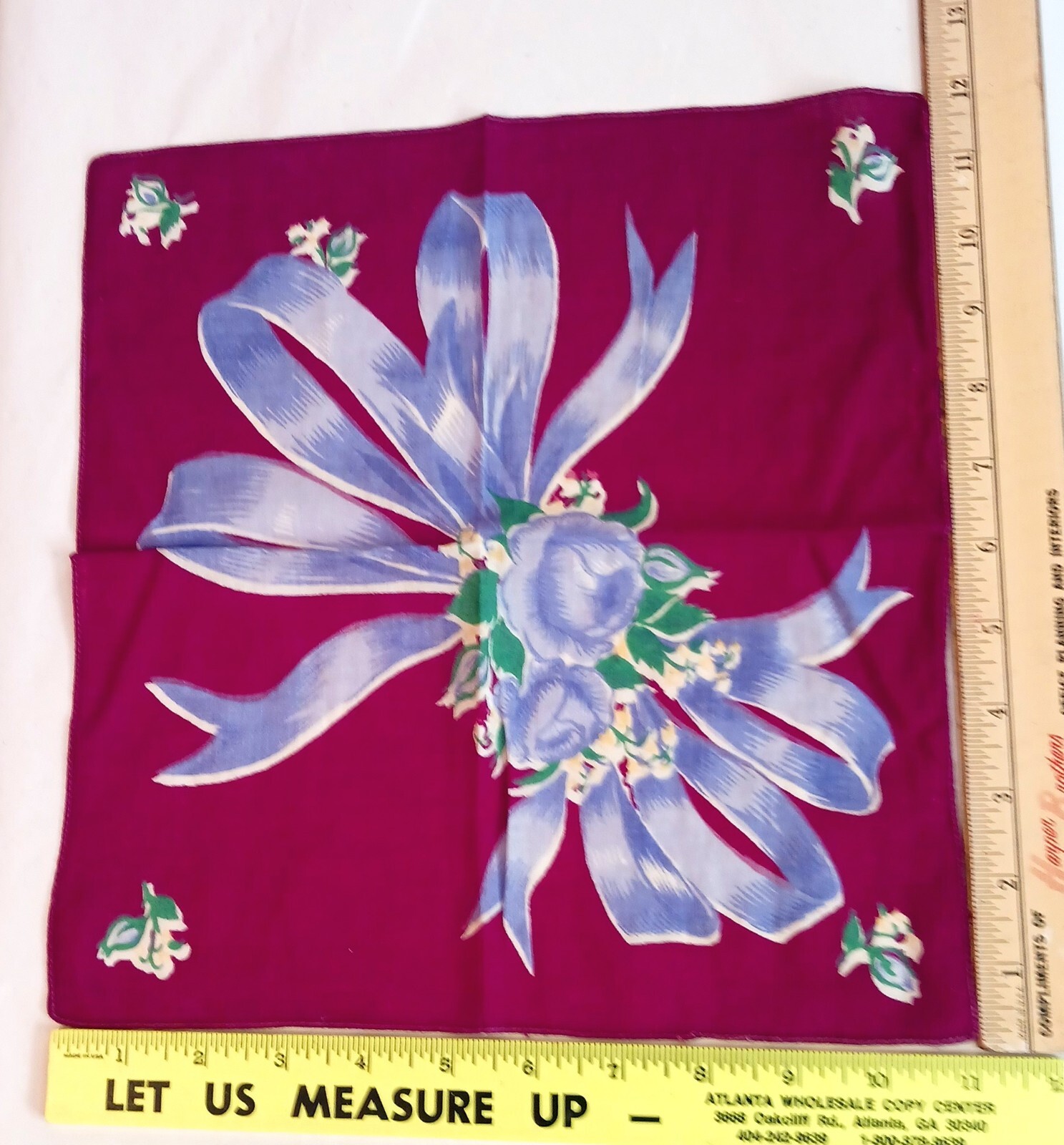 Vintage Handkerchief Blue Flowers and Ribbon on Burgundy Background