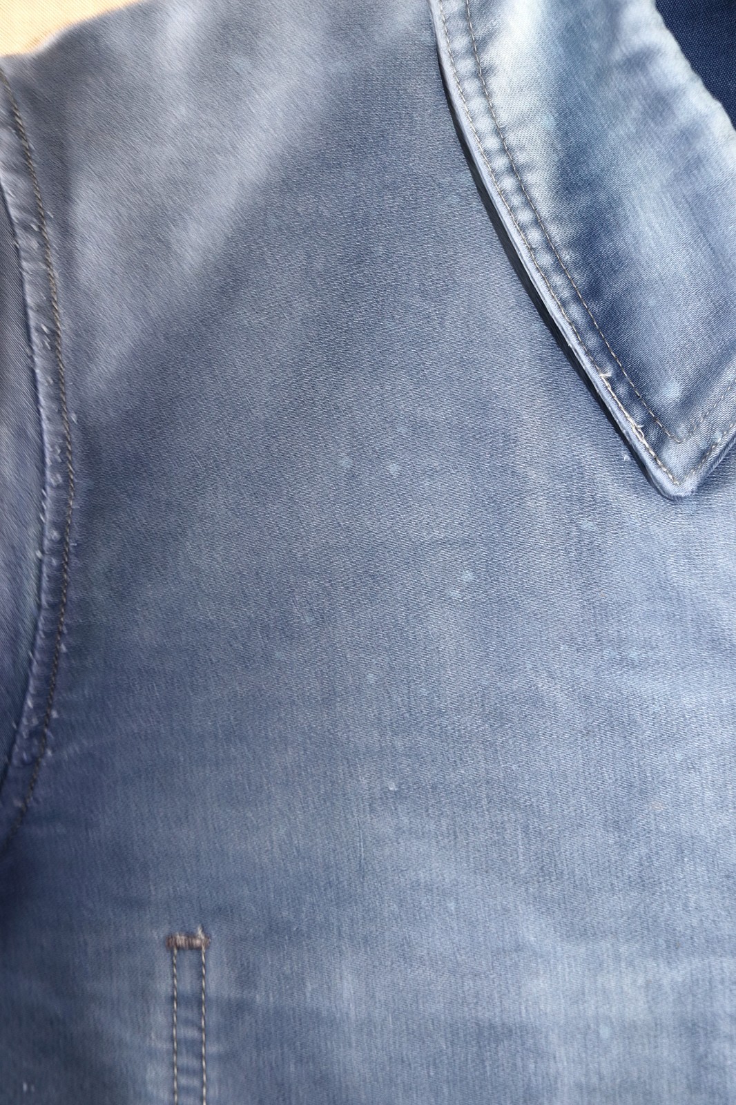 French 1940/50s Blue Moleskin Faded Stained Work Jacket DUBURE & DEVERCHERE Sz M