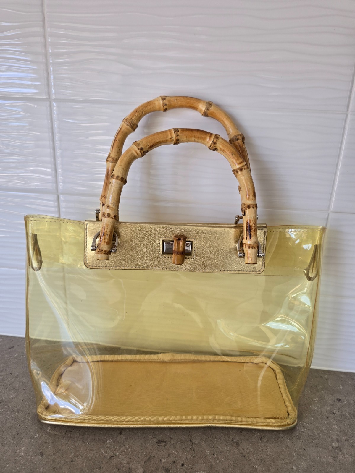 Vintage Women’s Clear Stadium Purse Bag with Bamboo Handles