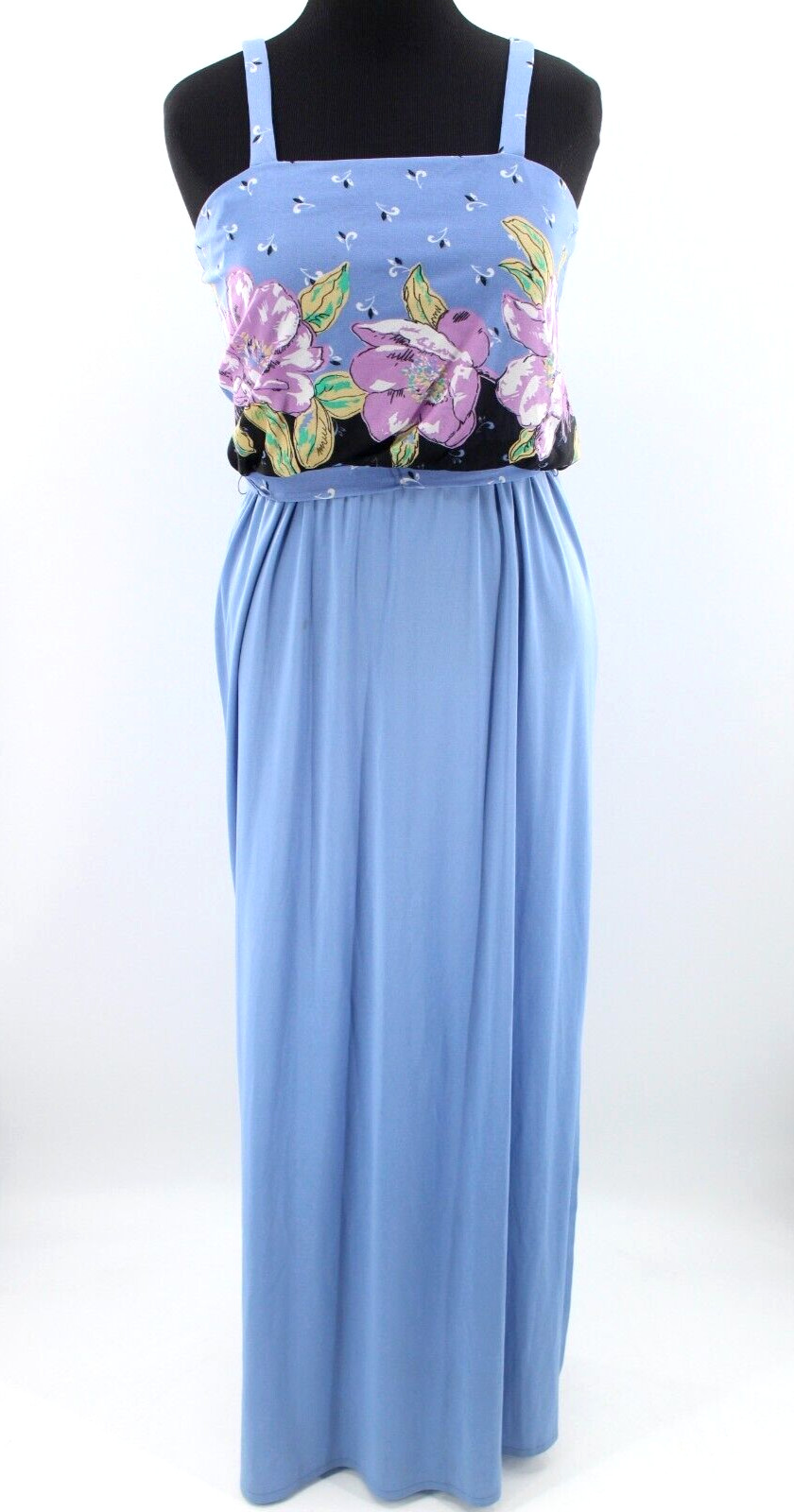 Vtg Women’s 70s Periwinkle Floral Maxi Dress Gown 1970s Sz M/L Elastic Waist