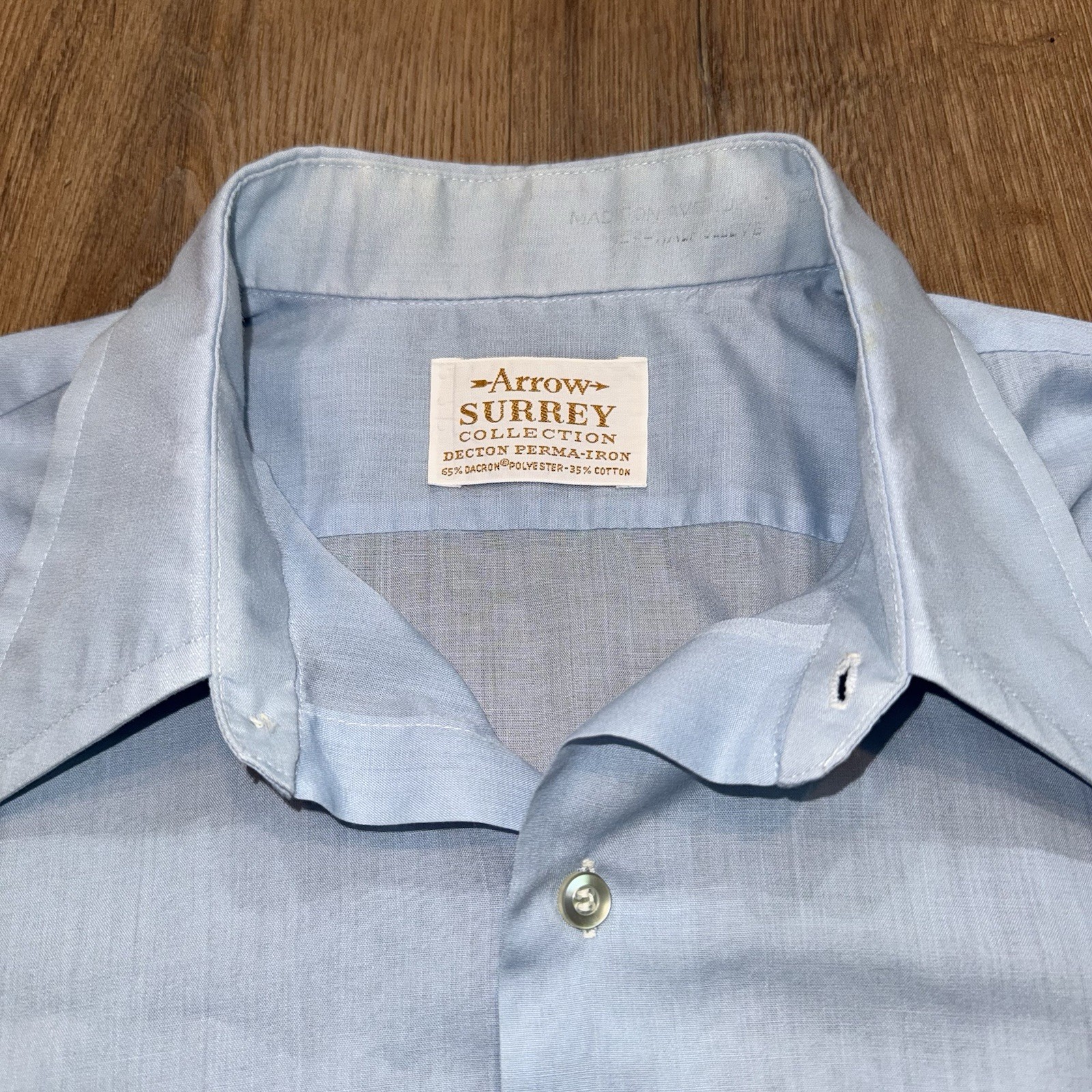 Vtg 60s 70s Arrow Dress Shirt Sanforized Light Blue Dagger Collar USA Mens Large